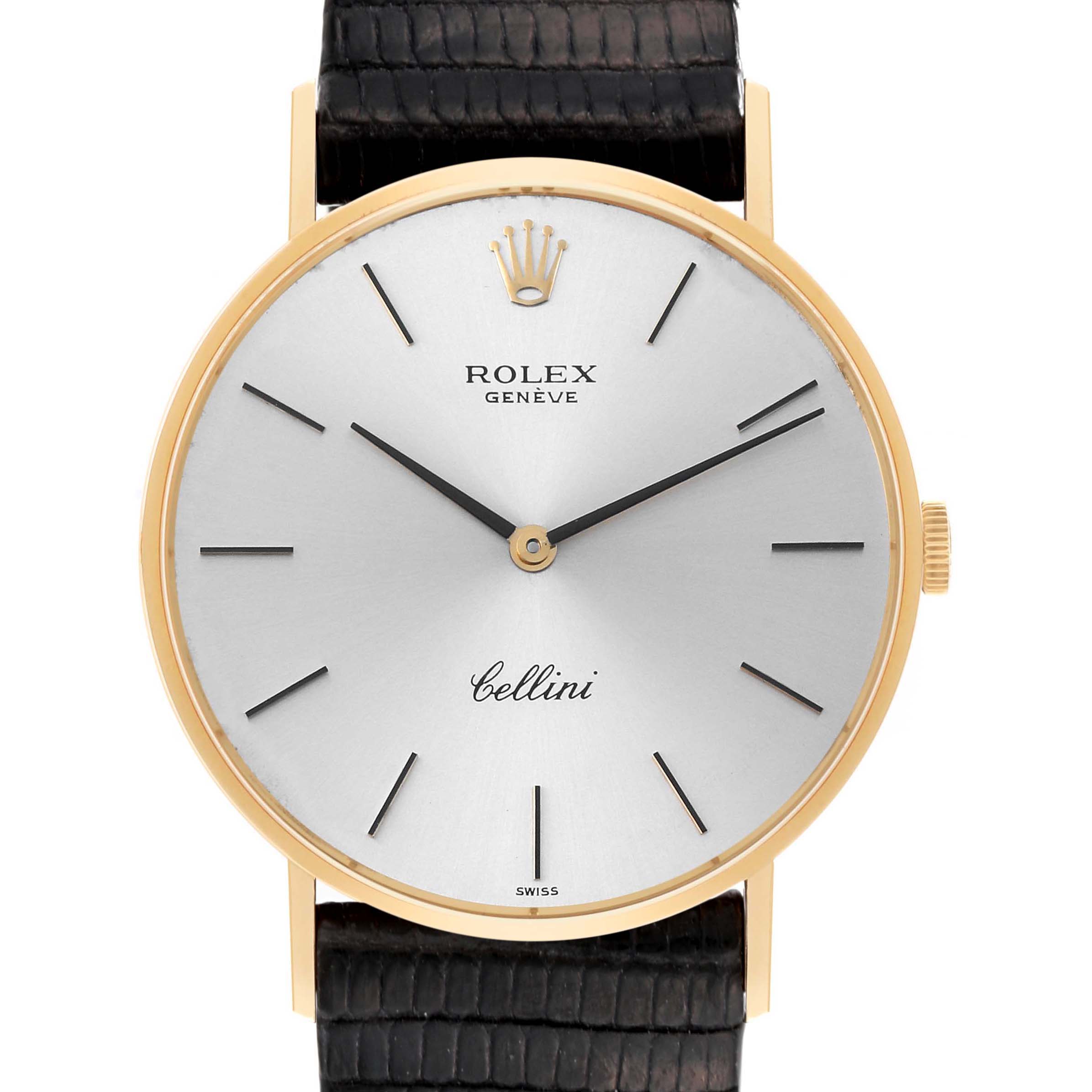 The image shows a front view of the Rolex Vintage Collection 4112/8 Men's Yellow Gold Silver Dial 4112/8 Men's Yellow Gold Silver Dial model, featuring the dial, crown, and leather strap.