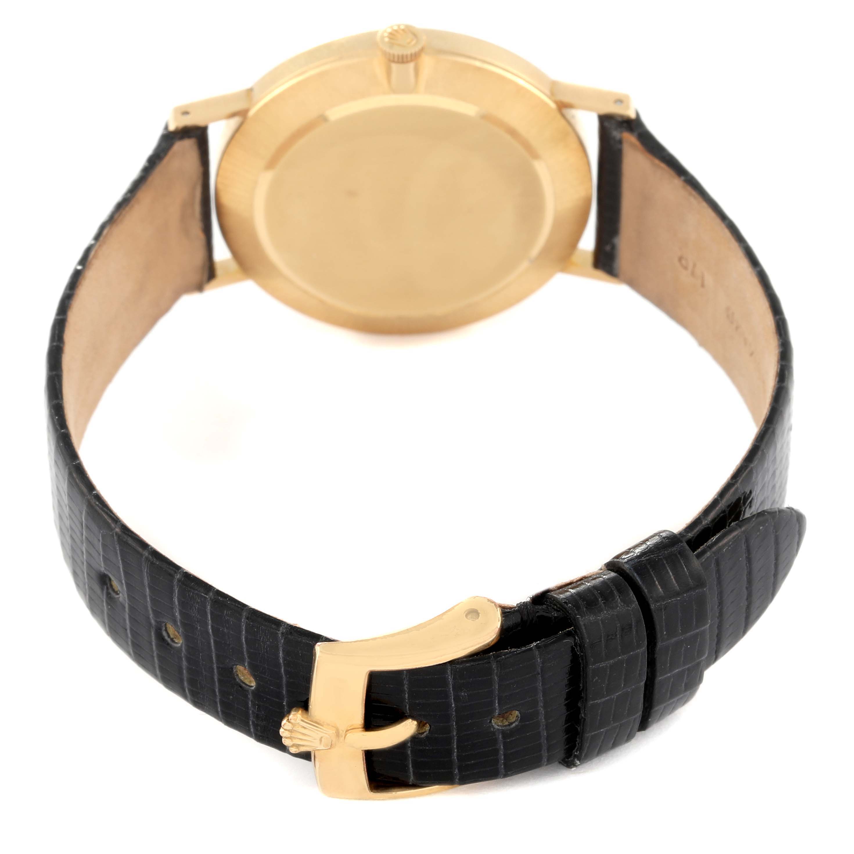 The image shows the back view of a Rolex Vintage Collection 4112/8 Men's Yellow Gold Silver Dial 4112/8 Men's Yellow Gold Silver Dial watch, highlighting its gold case and black leather strap with a gold buckle.