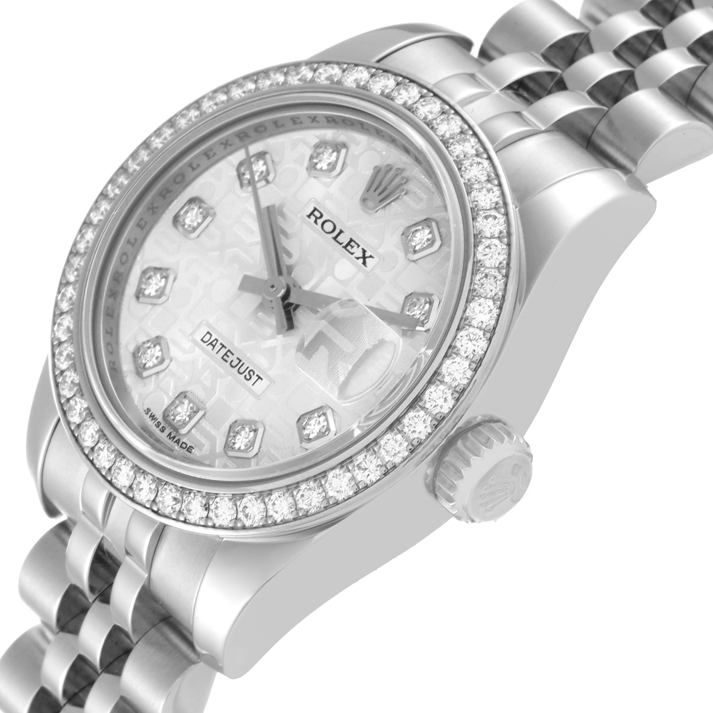 The image shows a Rolex Datejust 179384 Women's Stainless Steel Silver Dial 179384 Women's Stainless Steel Silver Dial watch angled slightly from the side, highlighting the dial, bezel, and part of the bracelet.