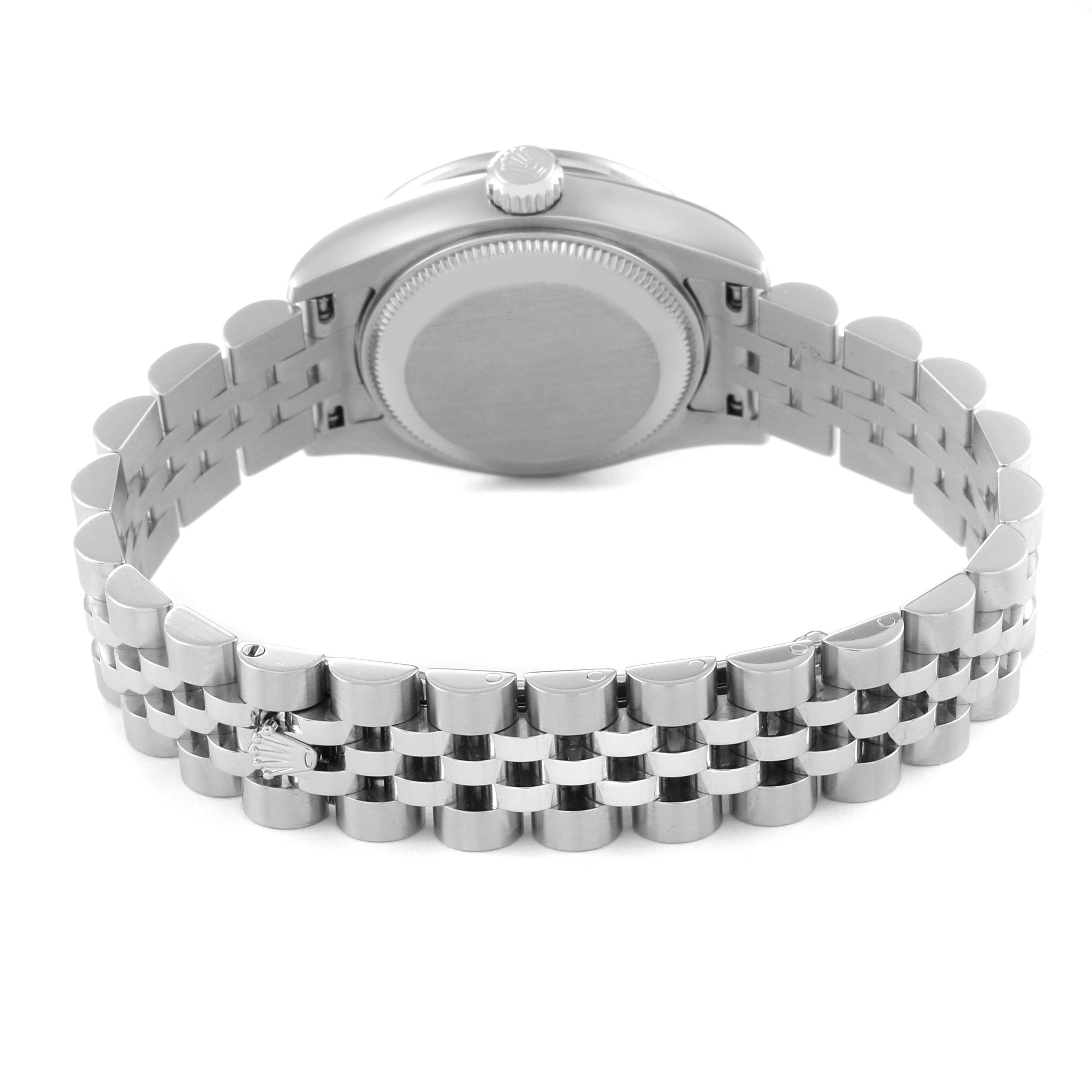 This image shows the back of the Rolex Datejust 179384 Women's Stainless Steel Silver Dial 179384 Women's Stainless Steel Silver Dial watch, highlighting its case back and metal bracelet with the Rolex crown logo.
