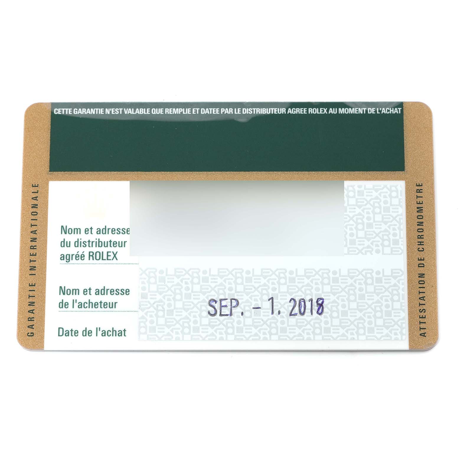 This is an image of the warranty card for the Rolex Datejust 179384 Women's Stainless Steel Silver Dial 179384 Women's Stainless Steel Silver Dial watch, dated September 1, 2018.