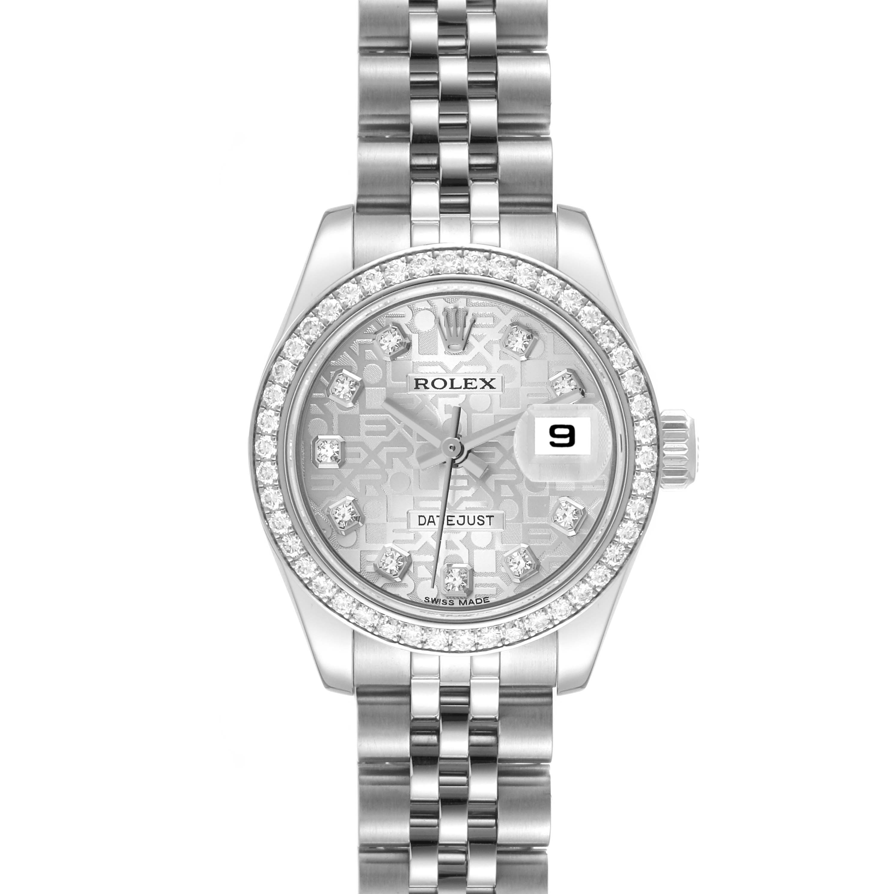 The image shows a front view of a Rolex Datejust 179384 Women's Stainless Steel Silver Dial 179384 Women's Stainless Steel Silver Dial watch, displaying the dial, bezel, bracelet, and date window.
