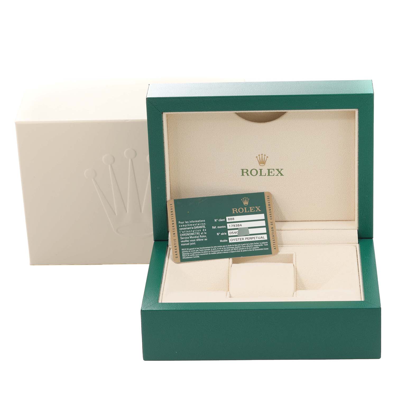 The image shows an open Rolex Datejust 179384 Women's Stainless Steel Silver Dial 179384 Women's Stainless Steel Silver Dial watch box with a warranty card placed inside.