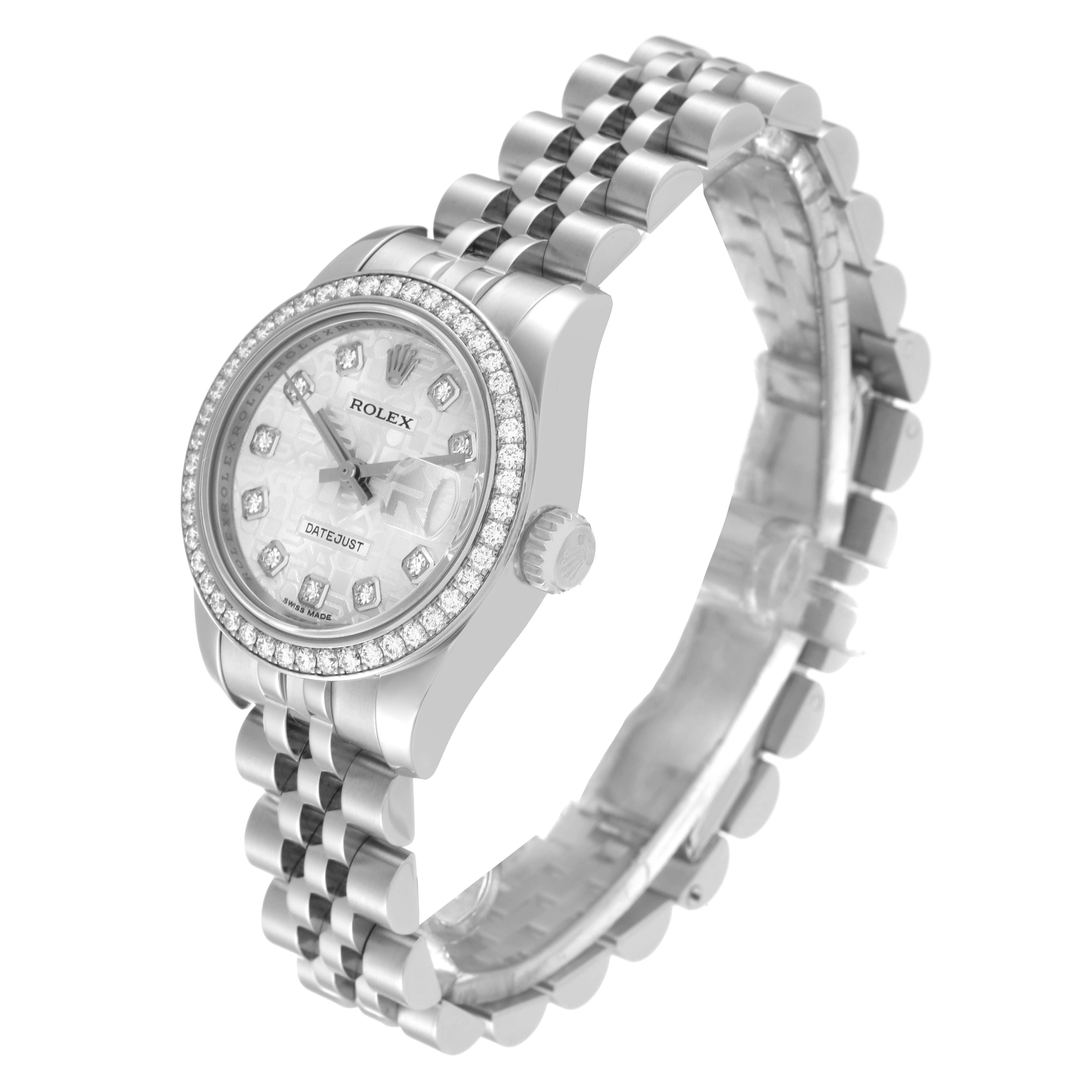 This image shows a Rolex Datejust 179384 Women's Stainless Steel Silver Dial 179384 Women's Stainless Steel Silver Dial watch at a slight angle, highlighting the bezel, dial, crown, and bracelet.