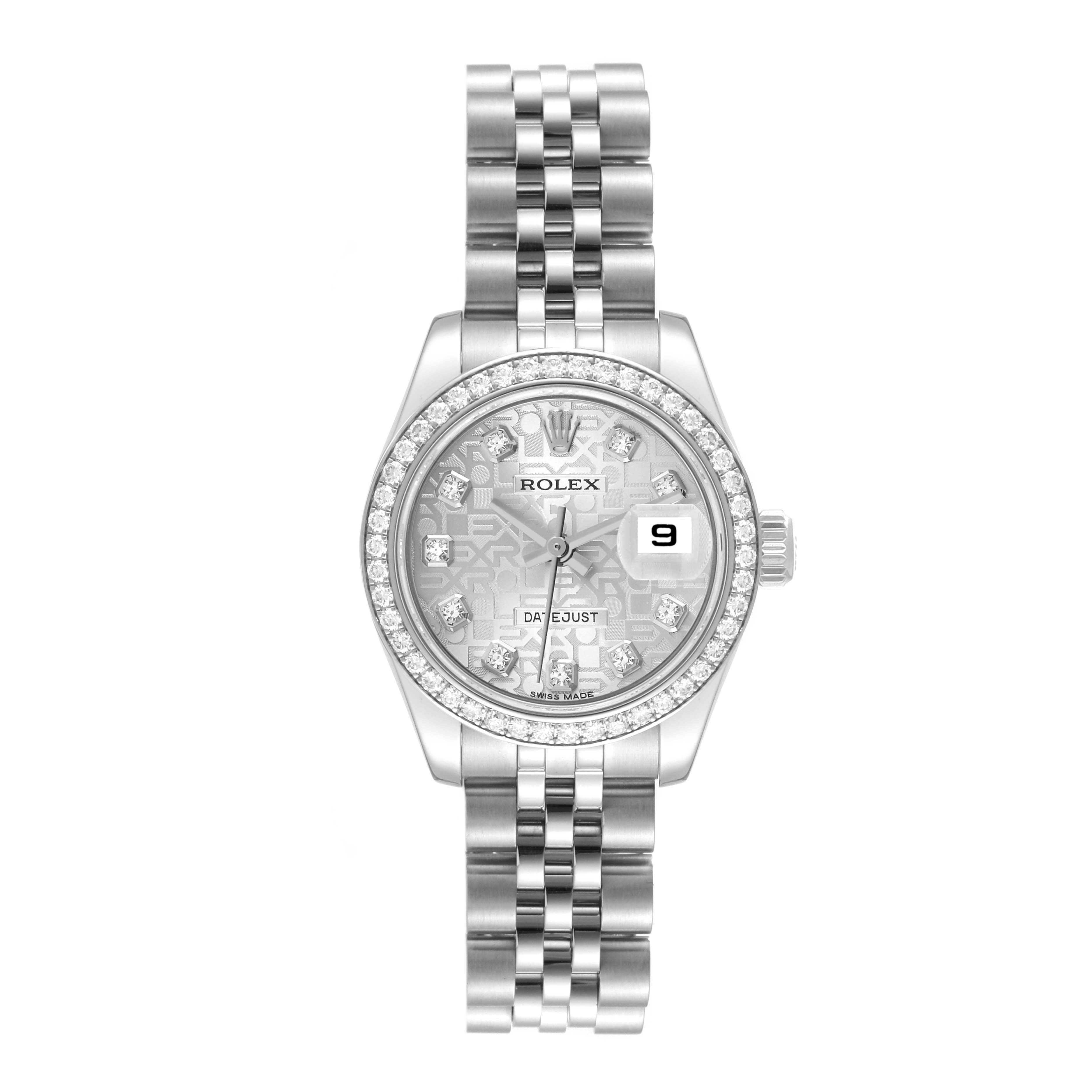 The image shows a Rolex Datejust 179384 Women's Stainless Steel Silver Dial 179384 Women's Stainless Steel Silver Dial watch from a front angle, displaying the bracelet, bezel, dial, and date window.