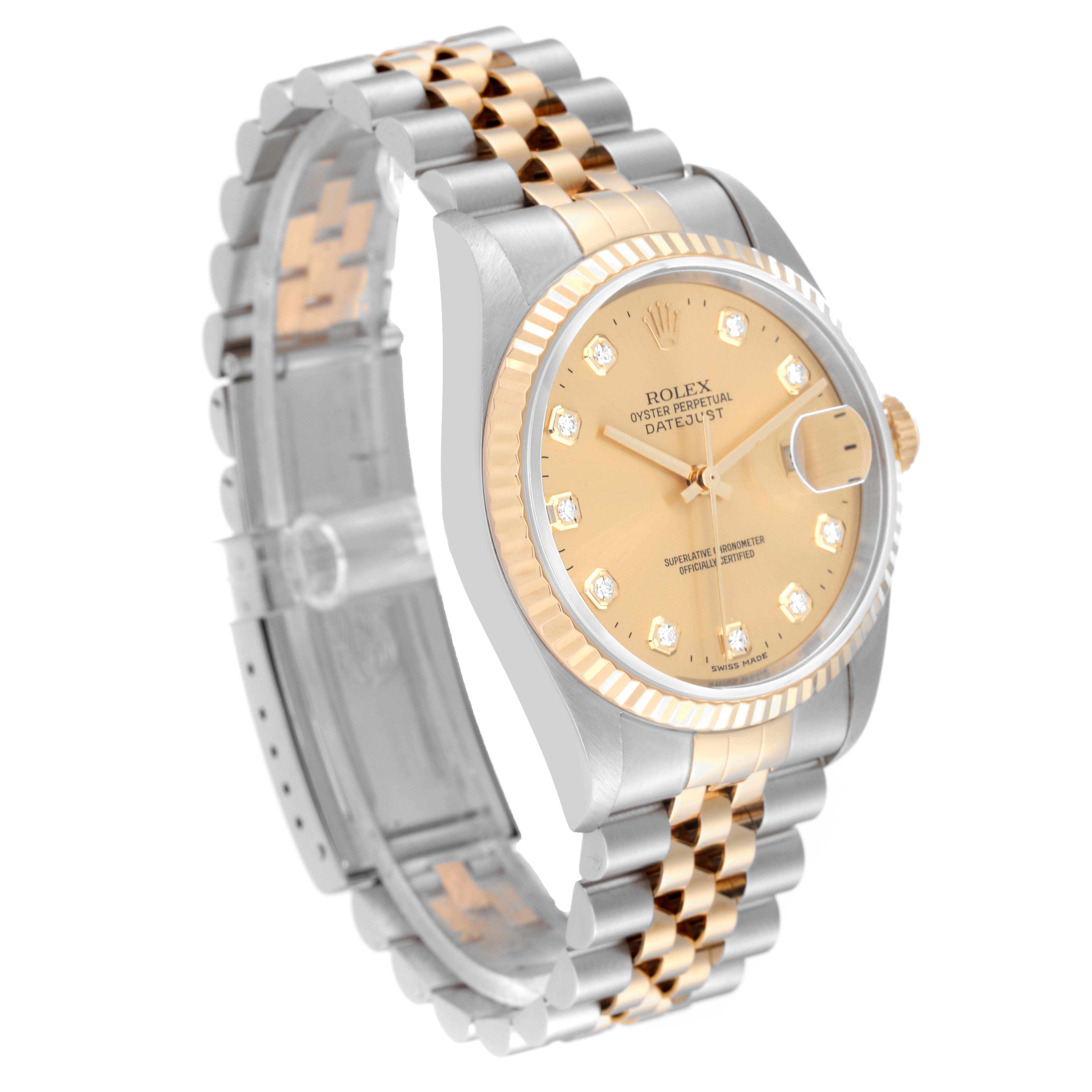 The Rolex Datejust 16233 Men's Steel and Gold (two tone) Champagne Dial 16233 Men's Steel and Gold (two tone) Champagne Dial watch is shown at a three-quarter angle, highlighting the face, dial, fluted bezel, and two-tone Jubilee bracelet.