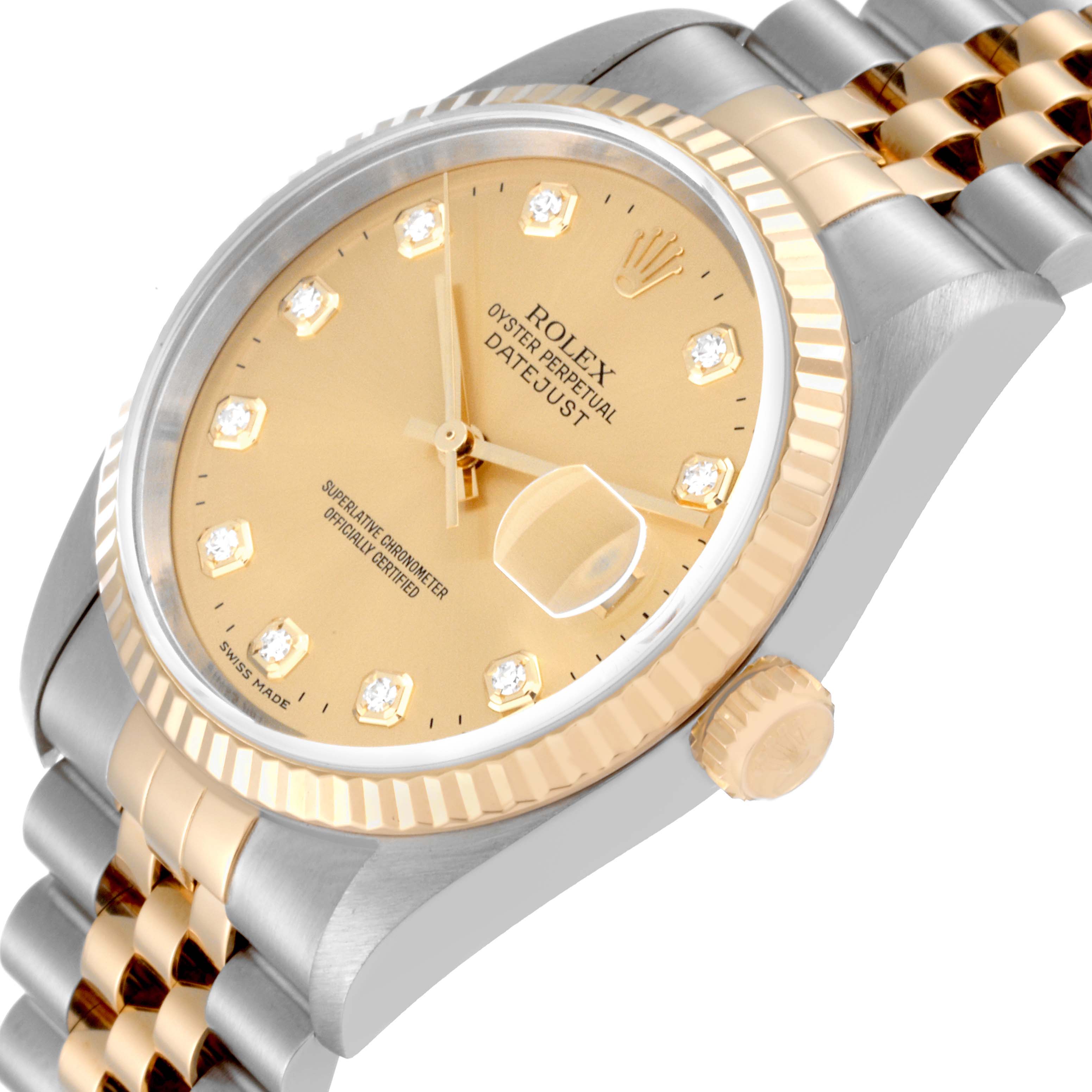 This image shows a Rolex Datejust 16233 Men's Steel and Gold (two tone) Champagne Dial 16233 Men's Steel and Gold (two tone) Champagne Dial model watch, depicting the dial, crown, and part of the two-tone bracelet from a slightly tilted angle.