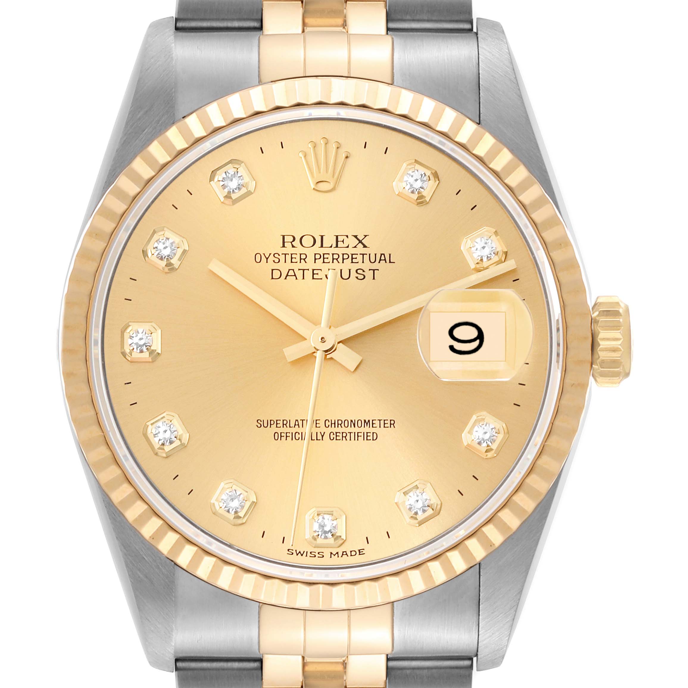 This image shows a front view of the Rolex Datejust 16233 Men's Steel and Gold (two tone) Champagne Dial 16233 Men's Steel and Gold (two tone) Champagne Dial watch, highlighting its champagne dial, diamond hour markers, and two-tone bracelet.