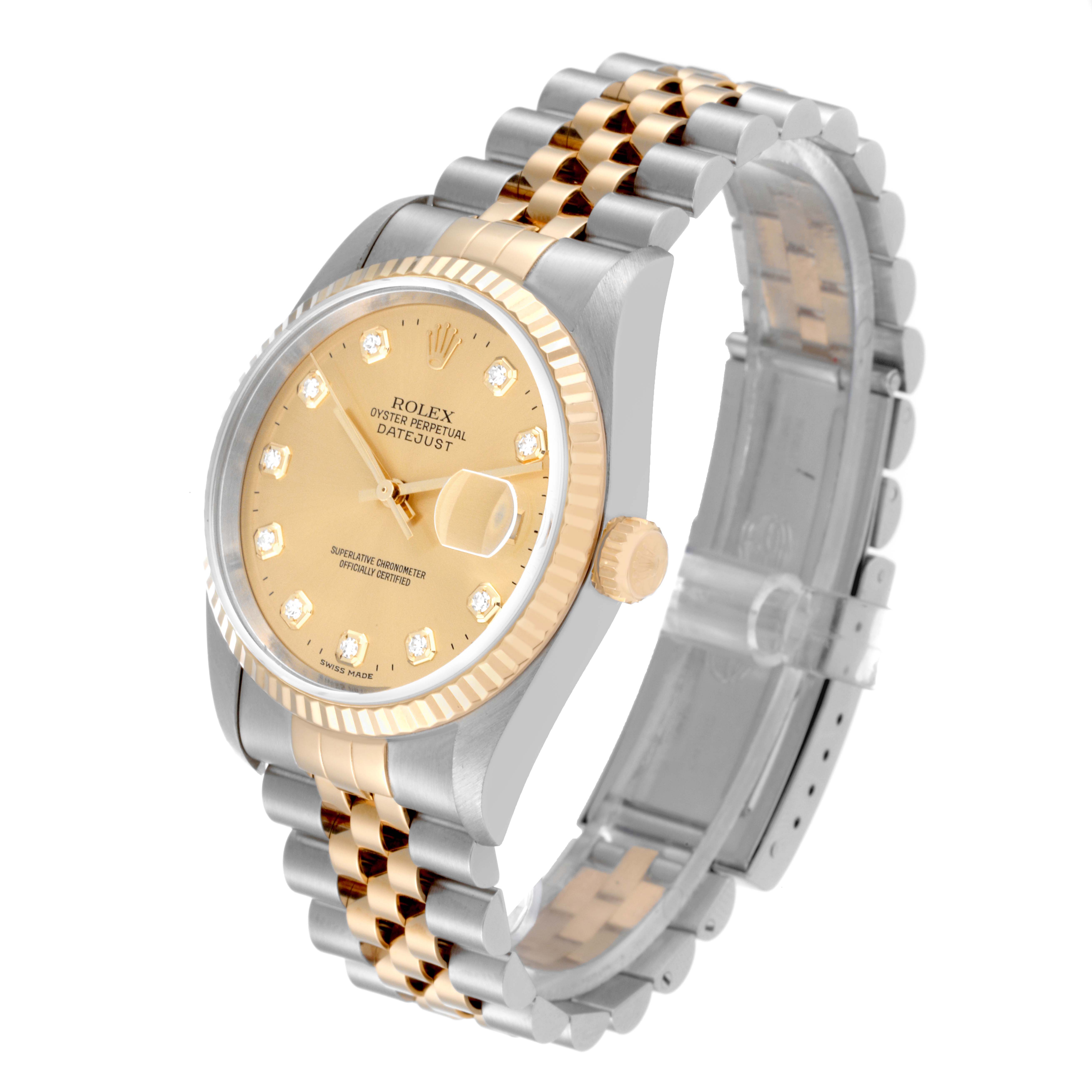 The image shows a Rolex Datejust 16233 Men's Steel and Gold (two tone) Champagne Dial 16233 Men's Steel and Gold (two tone) Champagne Dial watch at an angled side view, capturing the dial, bezel, crown, and bracelet.