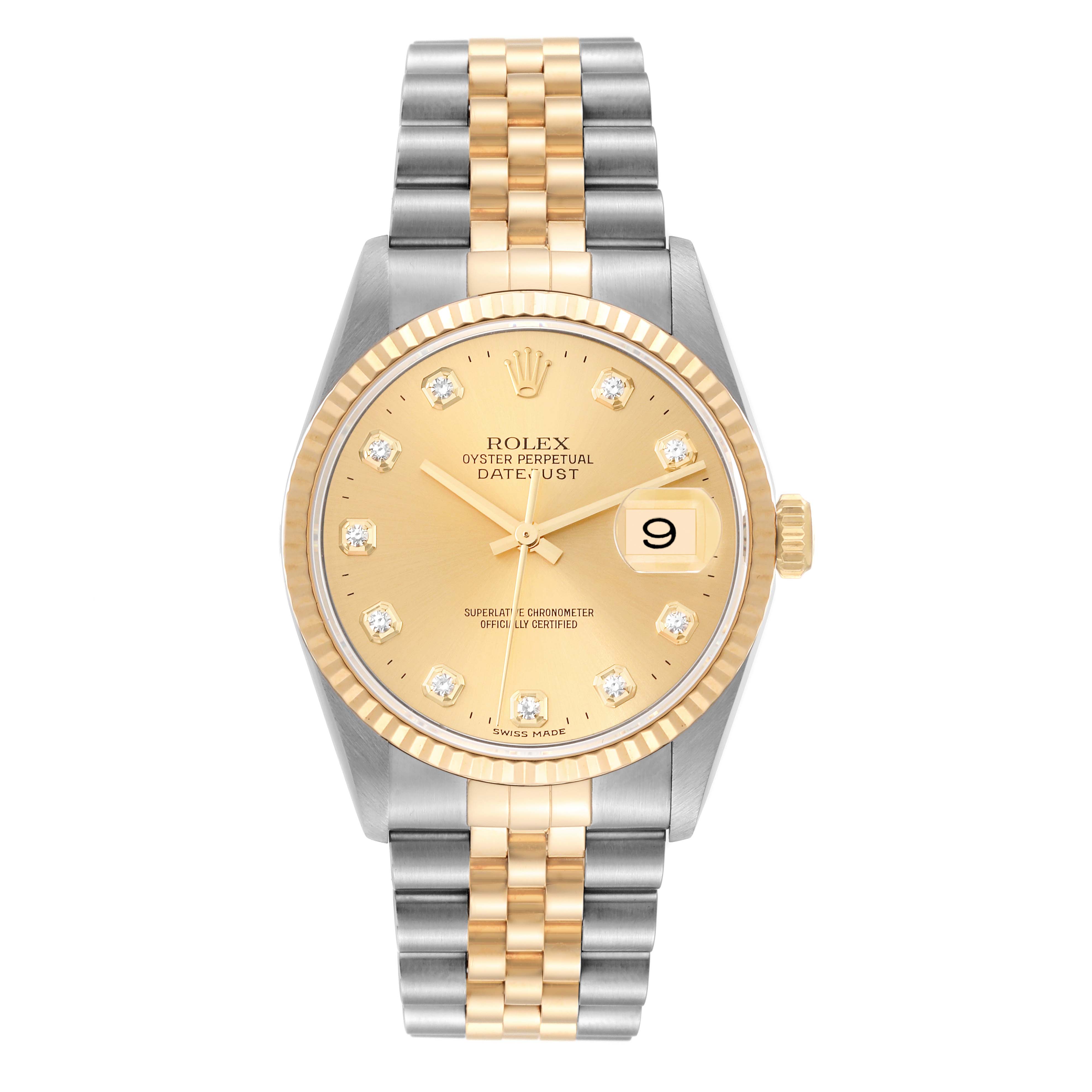 The image shows a Rolex Datejust 16233 Men's Steel and Gold (two tone) Champagne Dial 16233 Men's Steel and Gold (two tone) Champagne Dial watch from the front, displaying the dial, bezel, and two-tone bracelet.