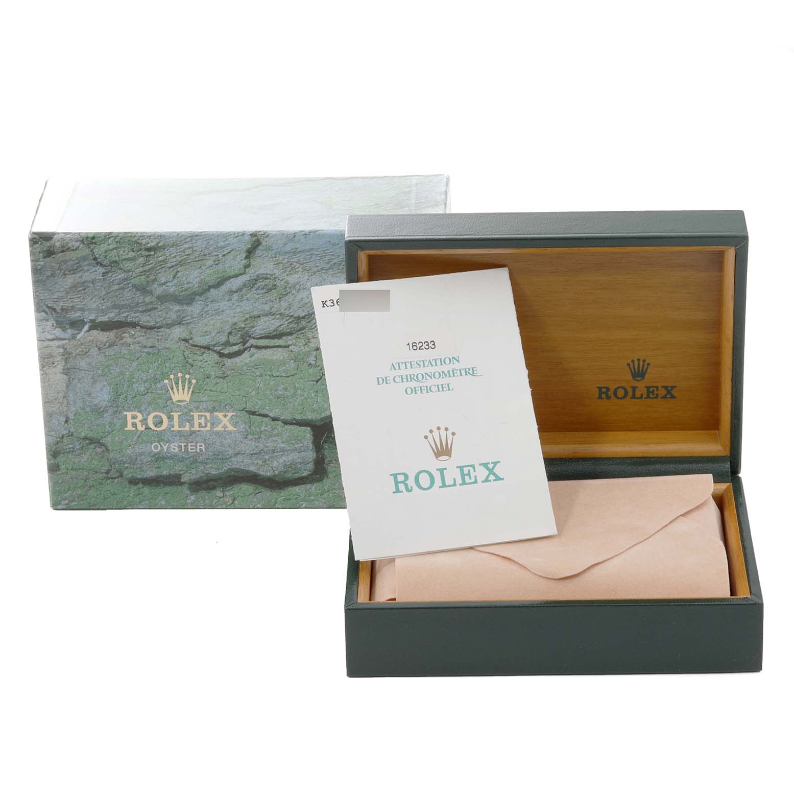 The image shows a Rolex Datejust 16233 Men's Steel and Gold (two tone) Champagne Dial 16233 Men's Steel and Gold (two tone) Champagne Dial watch box, an open inner box with a wrapped watch, and an official chronometer certificate.
