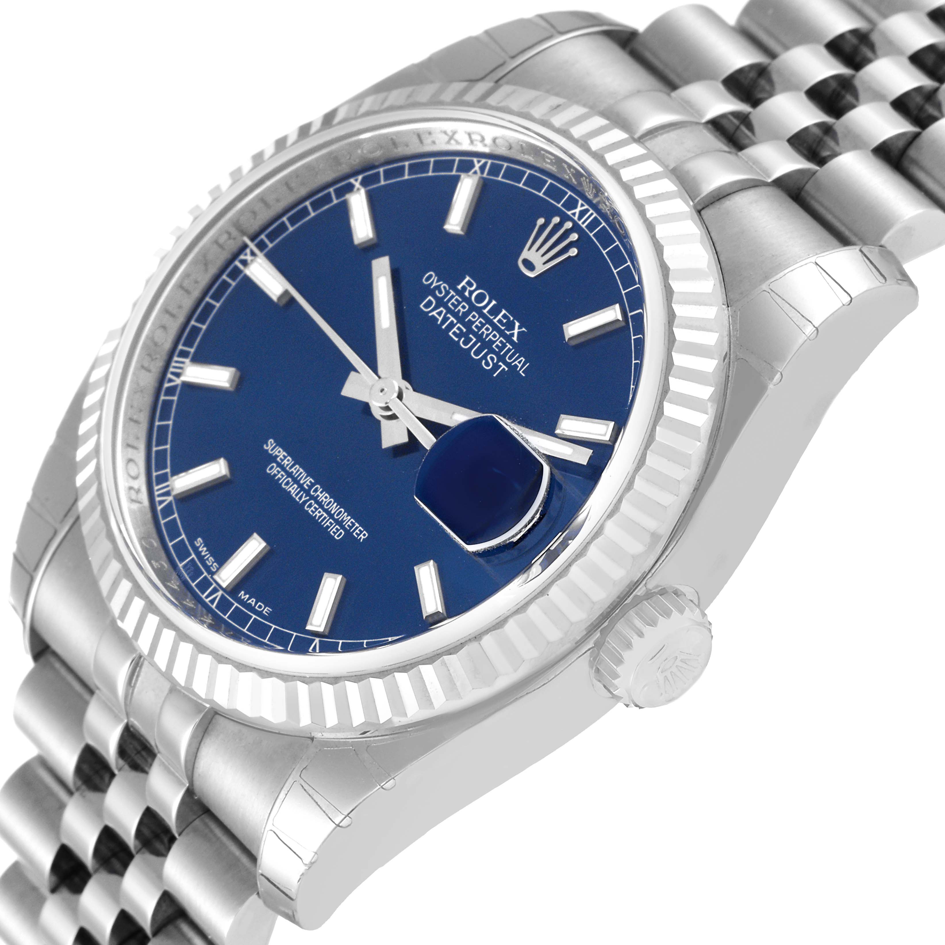 This image shows a close-up angle of a Rolex Datejust 116234 Men's Stainless Steel Blue Dial 116234 Men's Stainless Steel Blue Dial watch, highlighting the blue dial, fluted bezel, and bracelet.