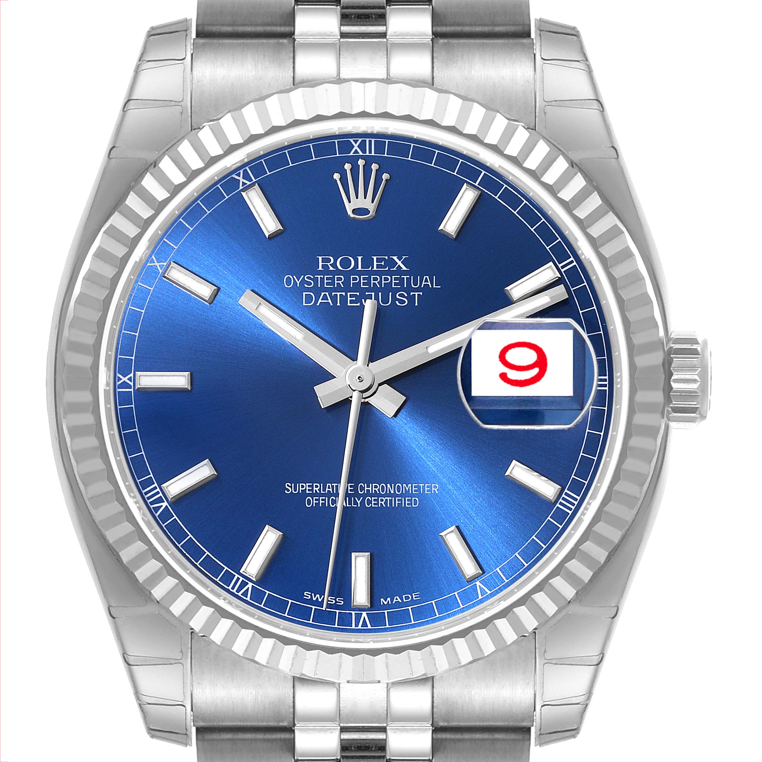 The Rolex Datejust 116234 Men's Stainless Steel Blue Dial 116234 Men's Stainless Steel Blue Dial watch is shown from a front angle, displaying its blue dial, hour markers, date function, and part of the bracelet.