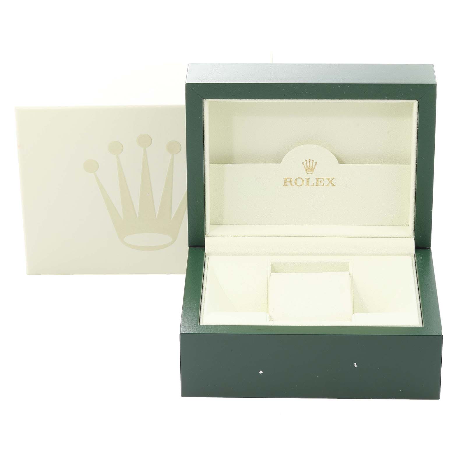 The image shows an open green Rolex box for a Datejust model, with the lid featuring the Rolex logo and an outer box in the background.