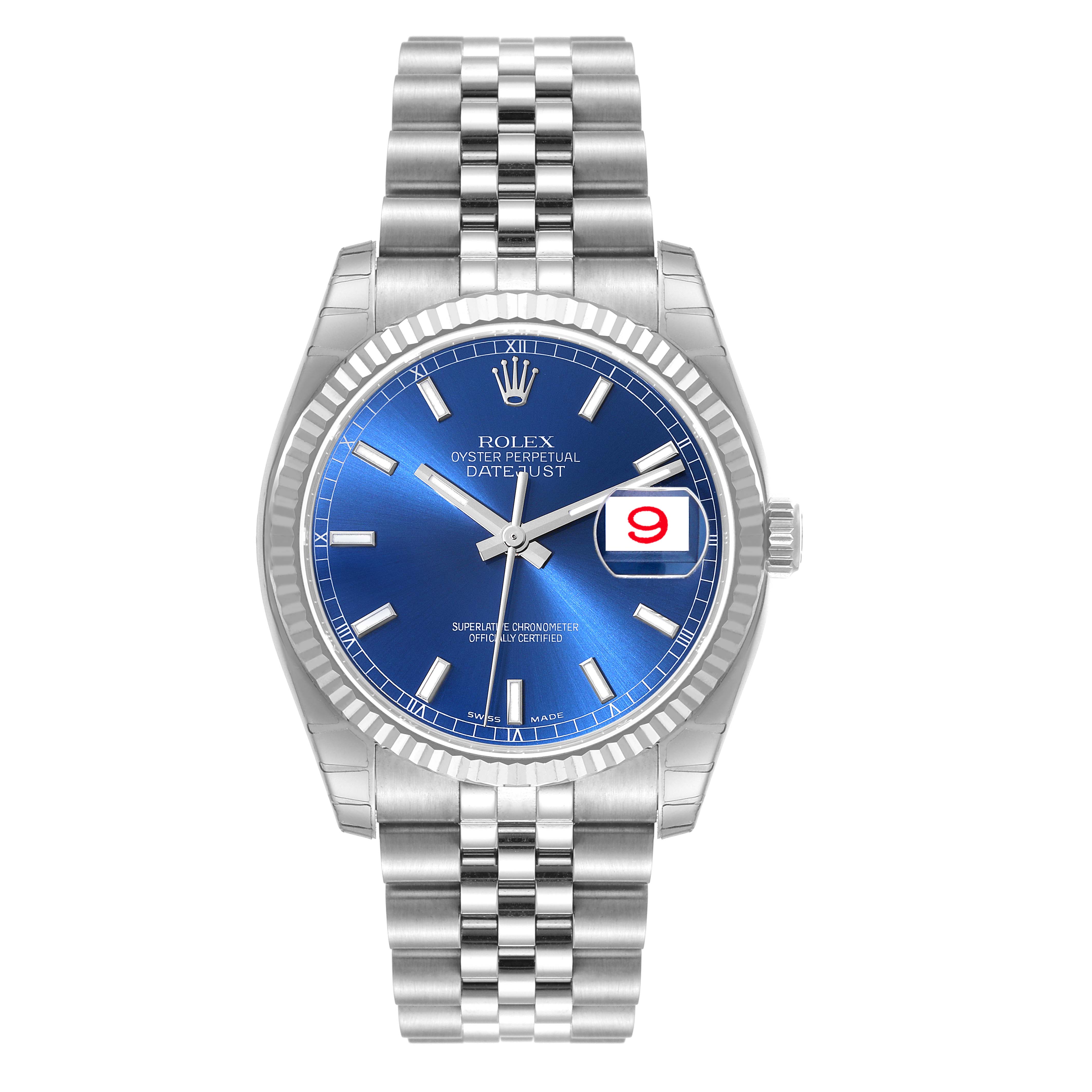 The Rolex Datejust 116234 Men's Stainless Steel Blue Dial 116234 Men's Stainless Steel Blue Dial watch is depicted from a top-down angle, highlighting its face, bezel, and metal bracelet.