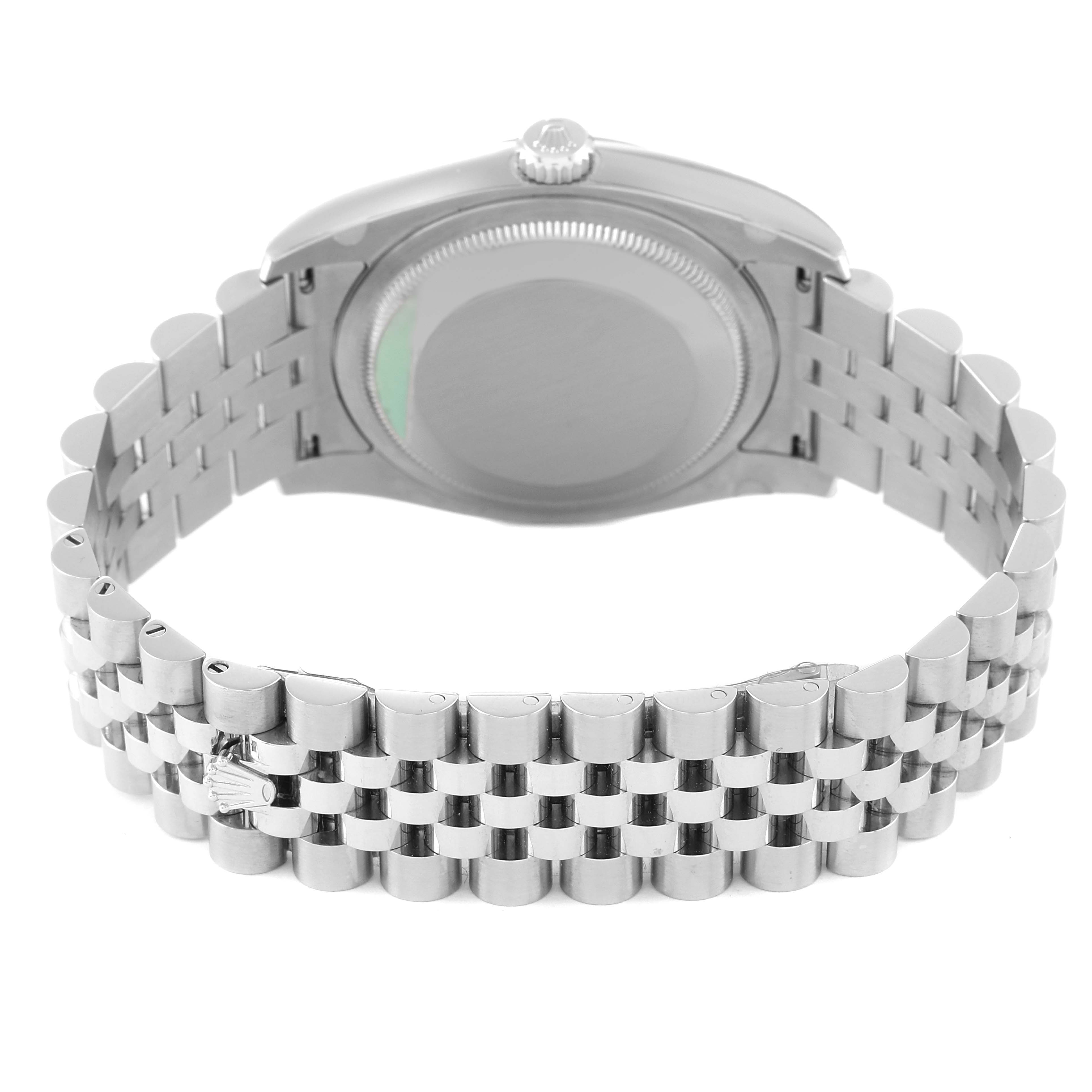 The image shows the back view of a Rolex Datejust 116234 Men's Stainless Steel Blue Dial 116234 Men's Stainless Steel Blue Dial watch, focusing on its case back and Jubilee bracelet.