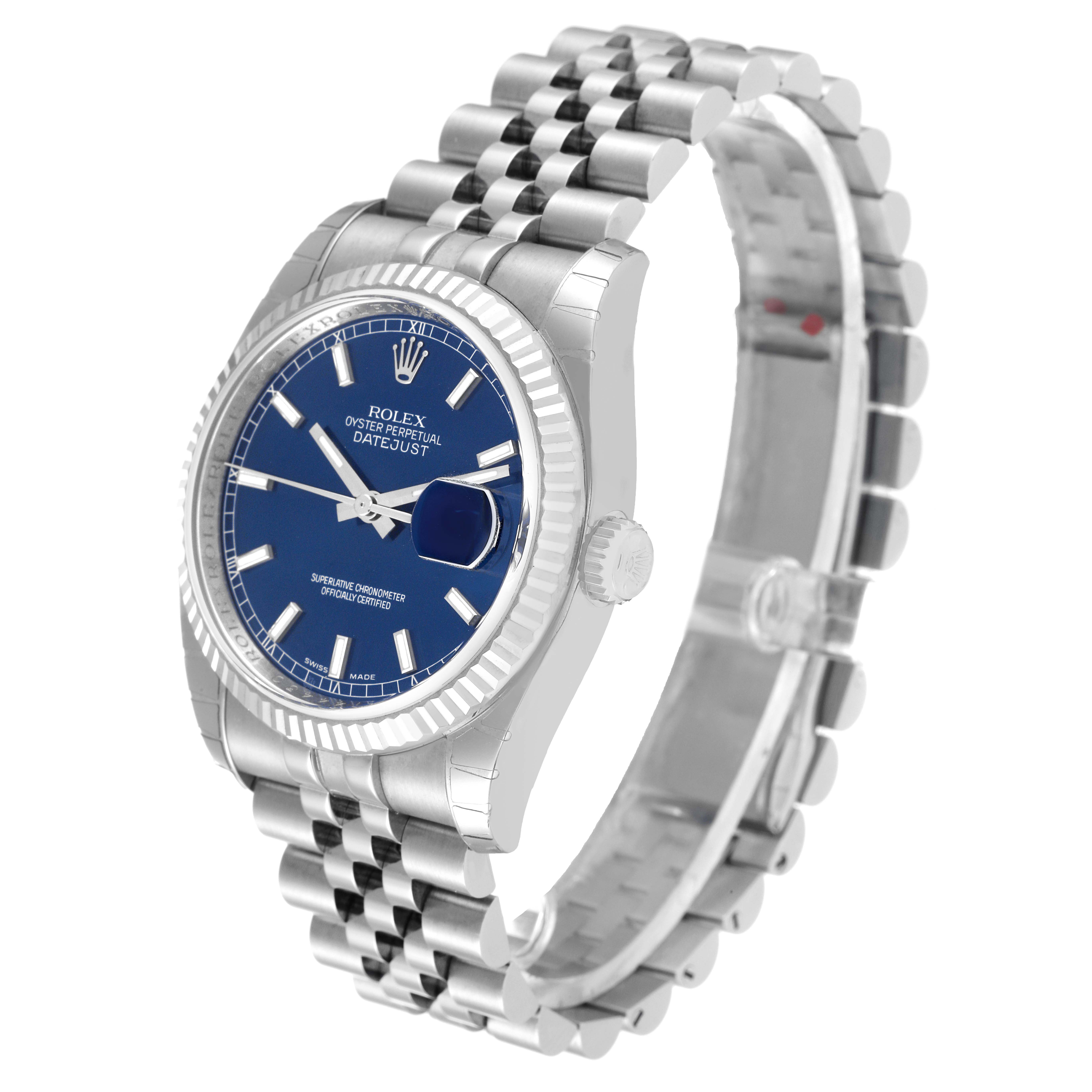 This image shows a side angle view of a Rolex Datejust 116234 Men's Stainless Steel Blue Dial 116234 Men's Stainless Steel Blue Dial watch, highlighting the face, bezel, and bracelet.