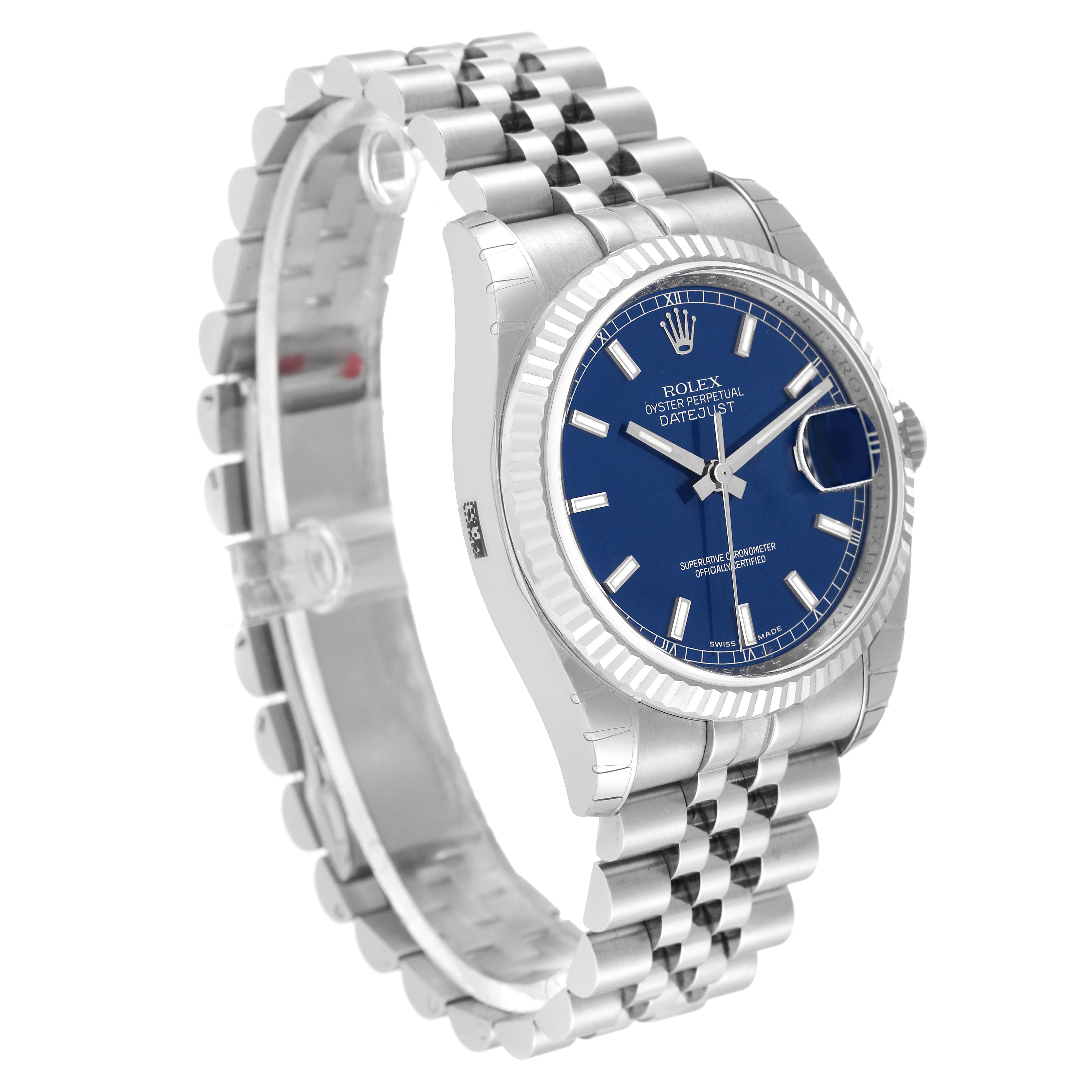 The image shows a Rolex Datejust 116234 Men's Stainless Steel Blue Dial 116234 Men's Stainless Steel Blue Dial watch from a side angle, highlighting the blue dial, fluted bezel, and Jubilee bracelet.