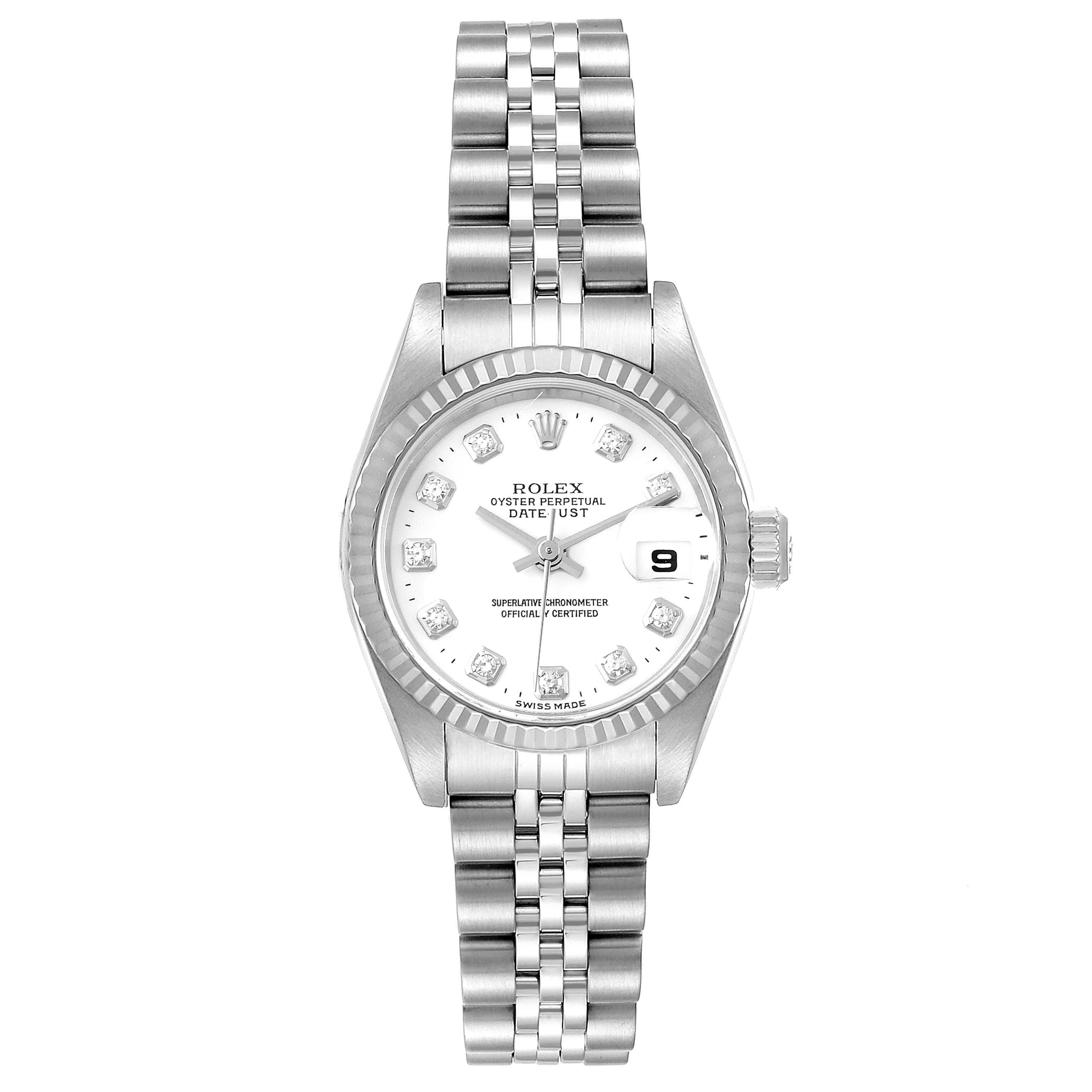 This image shows a full frontal view of a Rolex Datejust 79174 Women
s Stainless Steel White Dial 79174 Women
s Stainless Steel White Dial watch, highlighting the stainless steel bracelet, bezel, dial, and date function.
