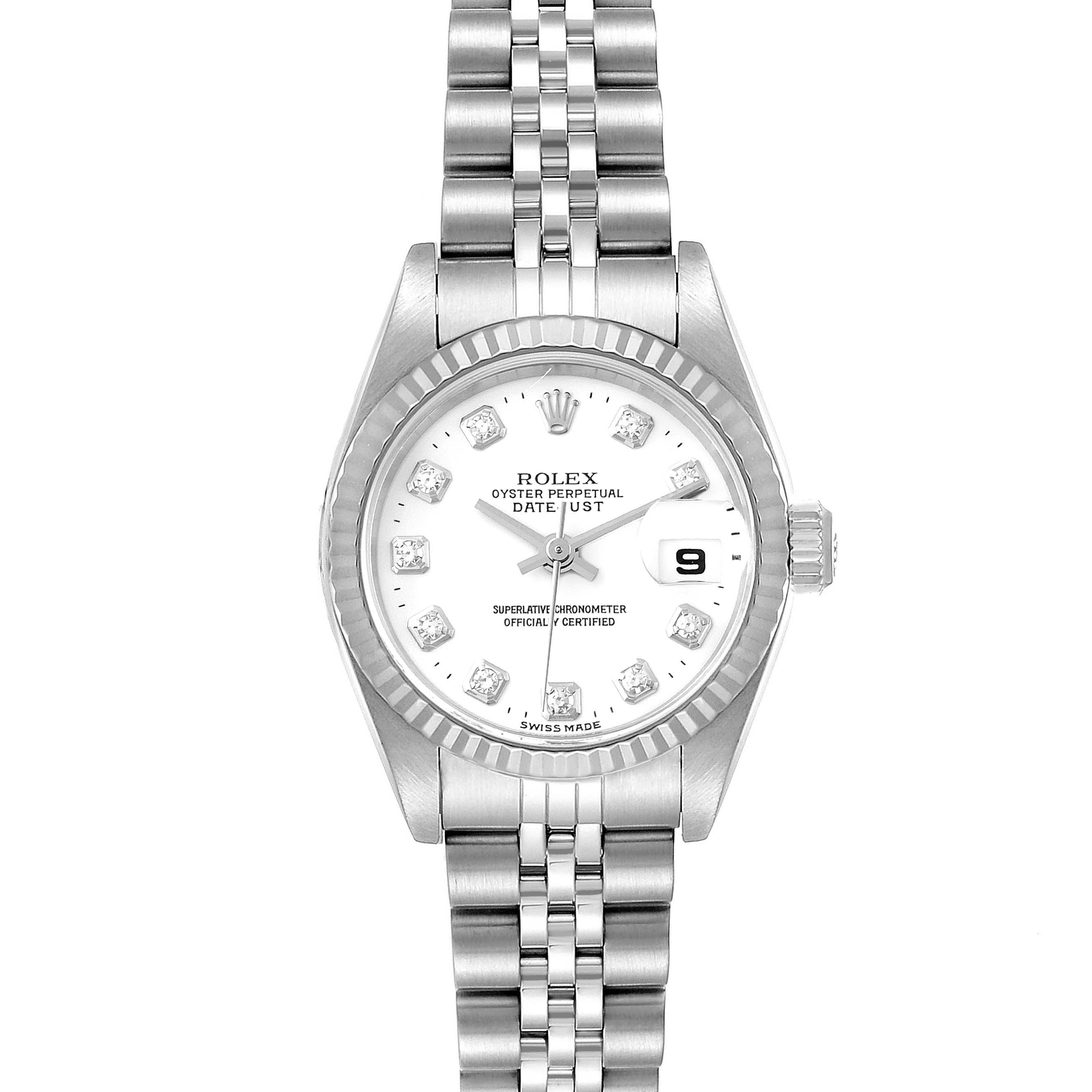 The image shows a front view of the Rolex Datejust 79174 Women
s Stainless Steel White Dial 79174 Women
s Stainless Steel White Dial watch, highlighting its dial, case, and bracelet.