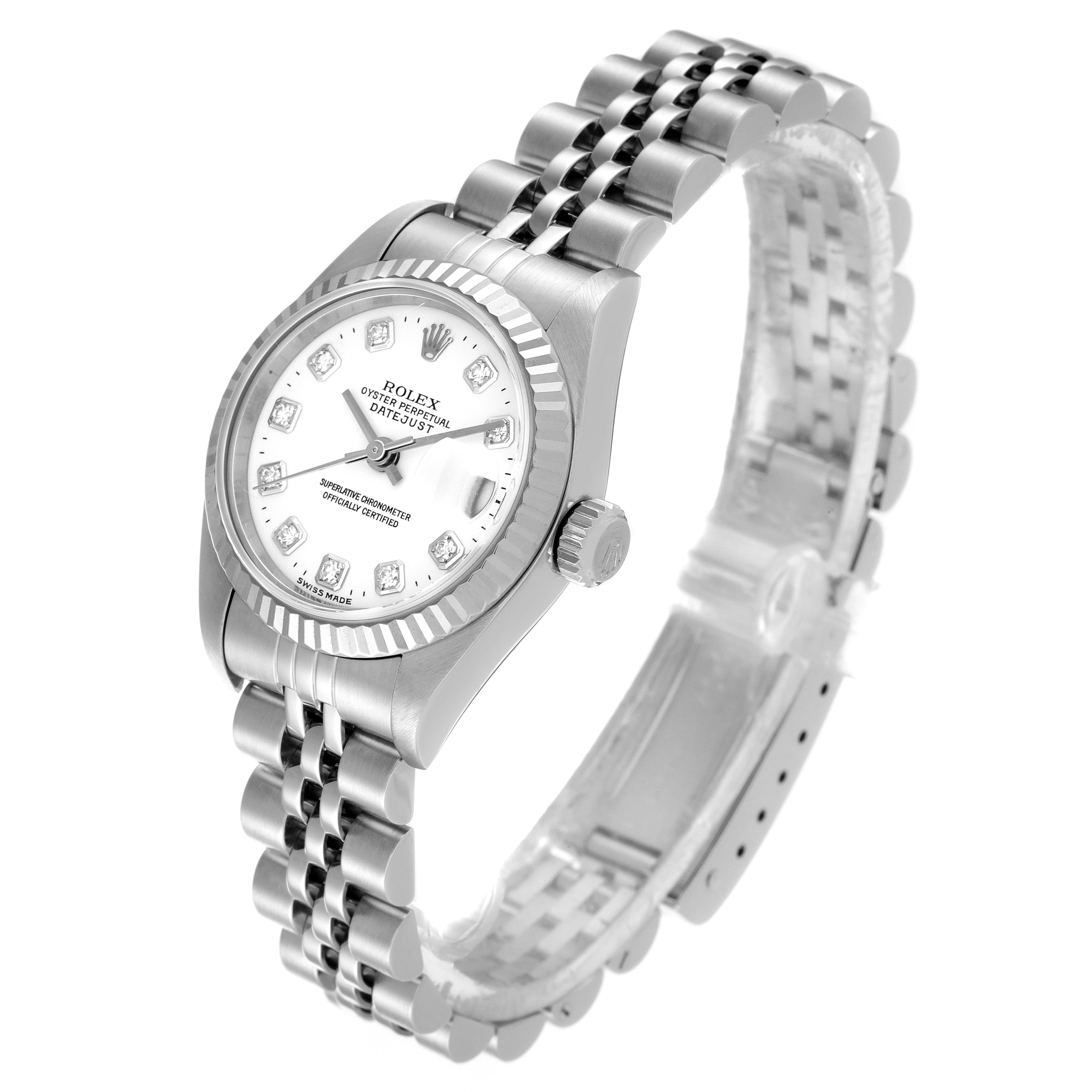 The image shows a Rolex Datejust 79174 Women
s Stainless Steel White Dial 79174 Women
s Stainless Steel White Dial watch at an angled top-down view, highlighting its face, bezel, crown, and bracelet.