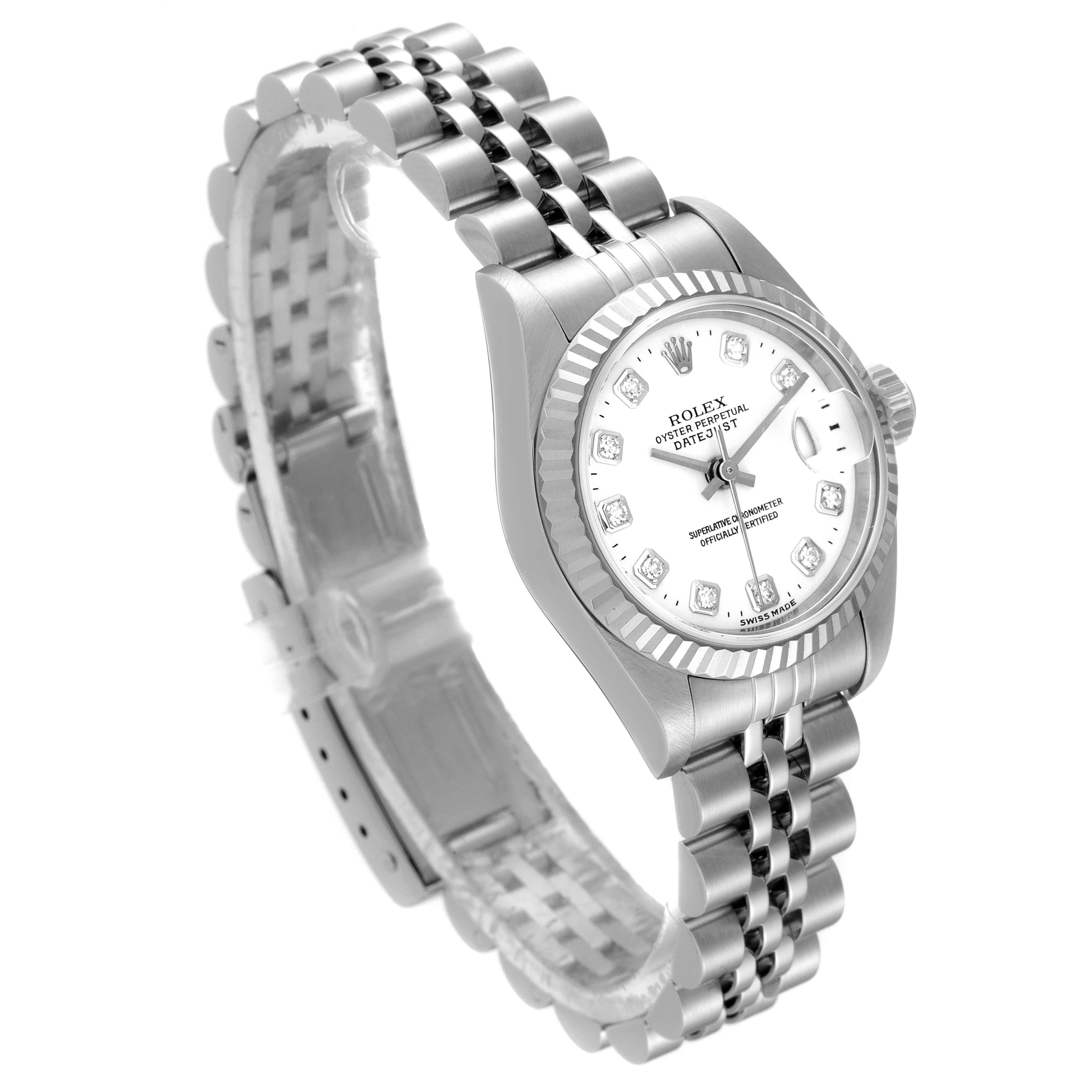 This is a Rolex Datejust 79174 Women
s Stainless Steel White Dial 79174 Women
s Stainless Steel White Dial watch shown at a three-quarter angle, highlighting the dial, bracelet, and clasp.