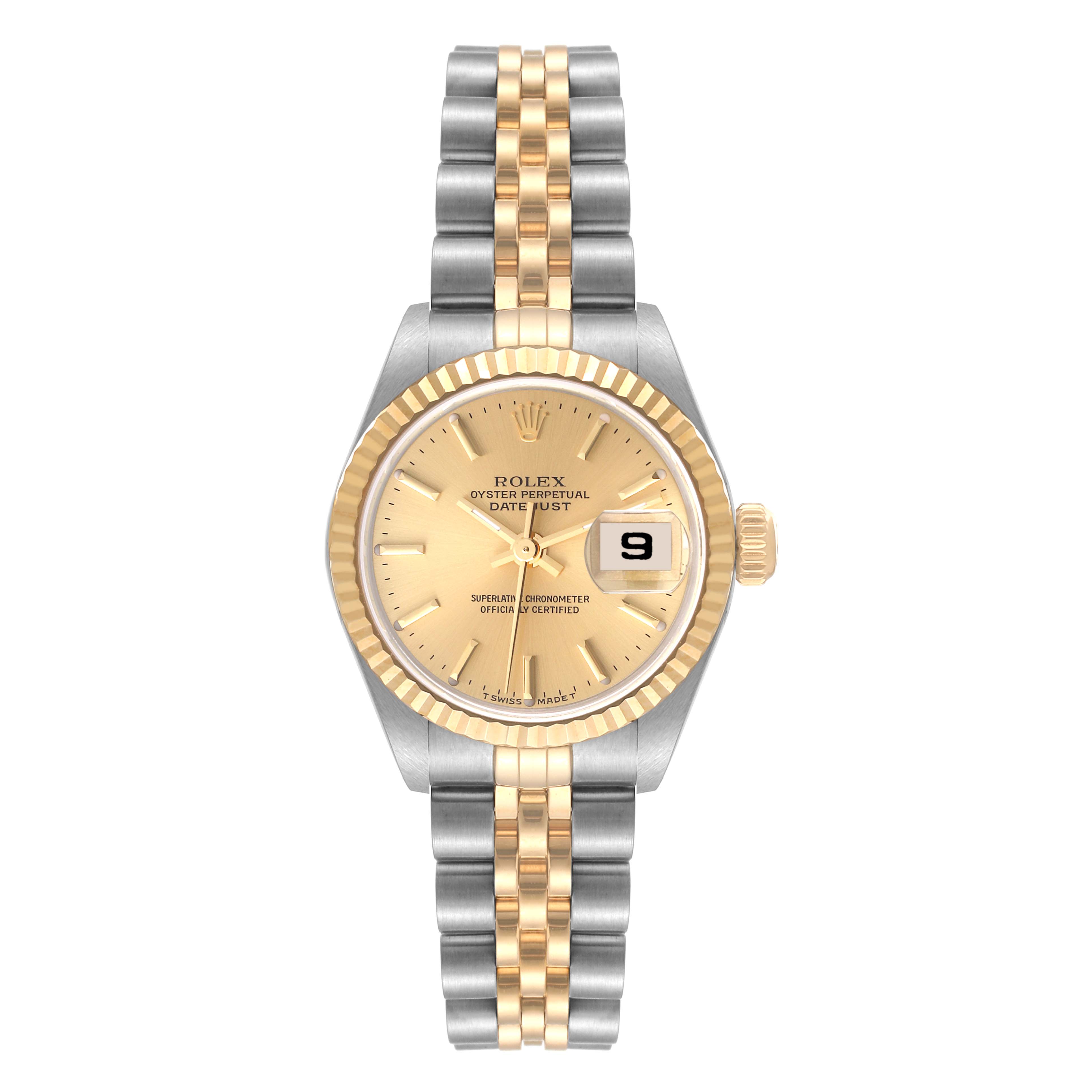 The image shows a front view of a Rolex Datejust 79173 Women's Steel and Gold (two tone) Champagne Dial 79173 Women's Steel and Gold (two tone) Champagne Dial watch, featuring a gold bezel and a two-tone bracelet.