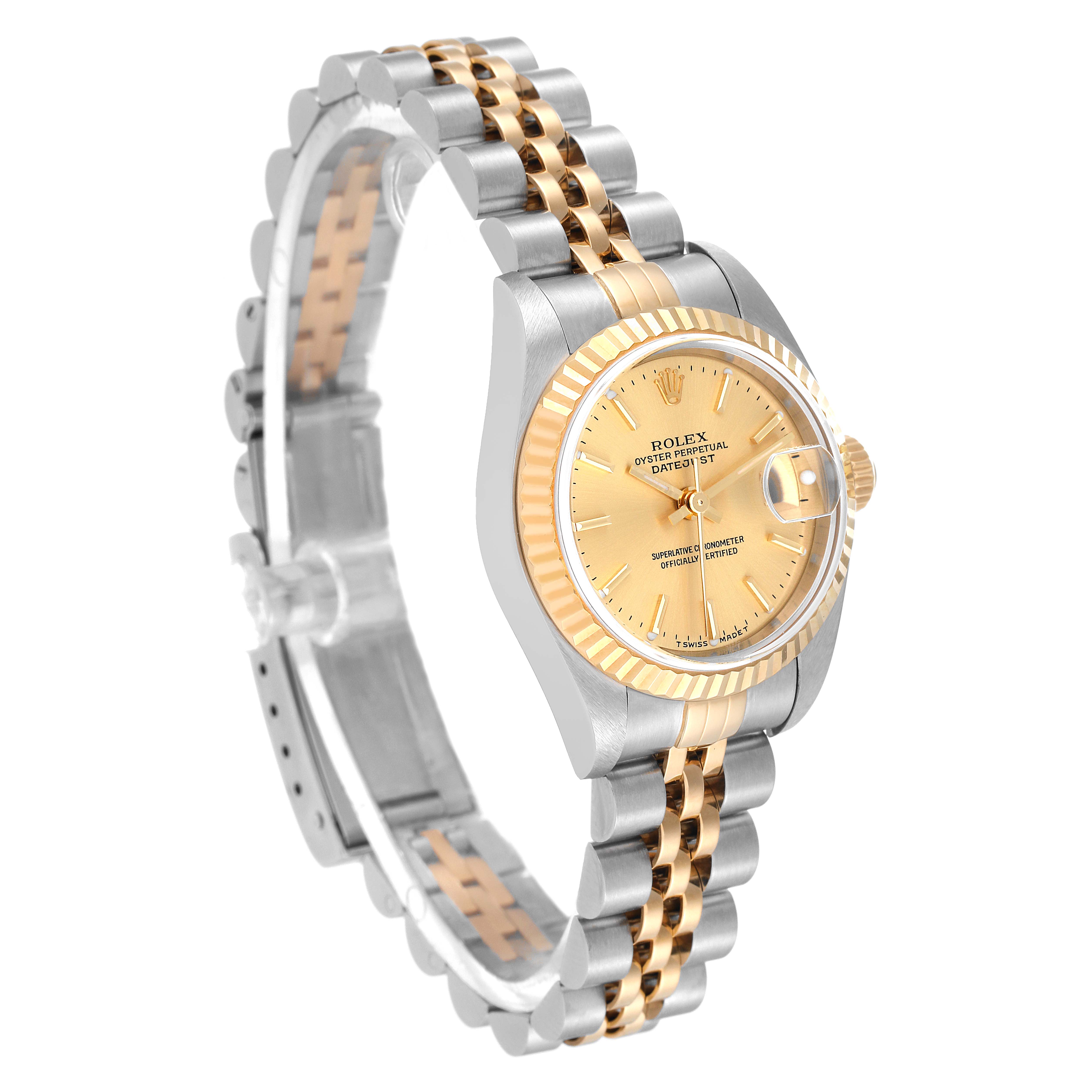 This image shows a Rolex Datejust 79173 Women's Steel and Gold (two tone) Champagne Dial 79173 Women's Steel and Gold (two tone) Champagne Dial watch shot at a 3/4 angle, highlighting its two-tone bracelet, fluted bezel, and champagne dial.