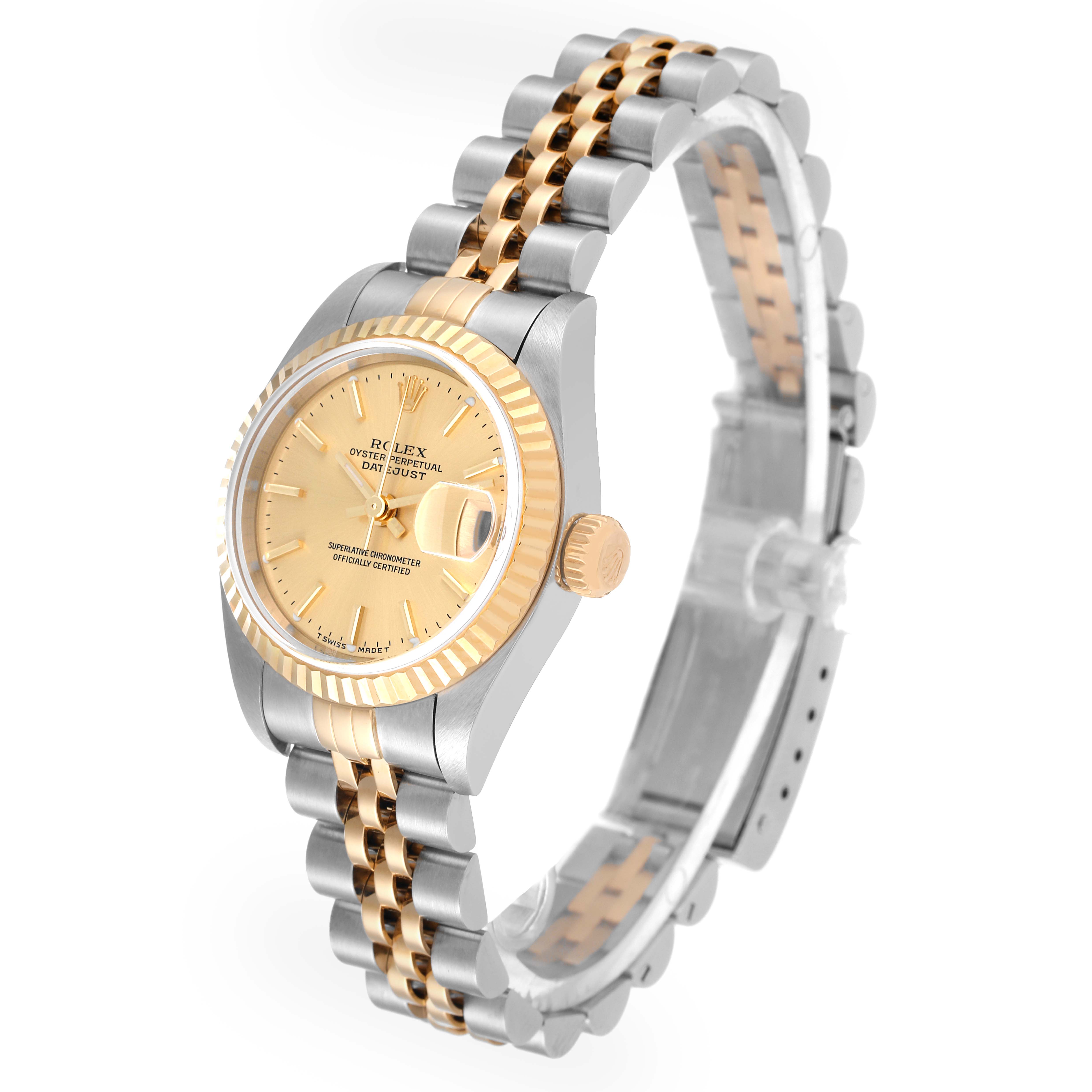 This image shows a side-angle view of a Rolex Datejust 79173 Women's Steel and Gold (two tone) Champagne Dial 79173 Women's Steel and Gold (two tone) Champagne Dial watch, highlighting the gold dial, bezel, and two-tone bracelet.