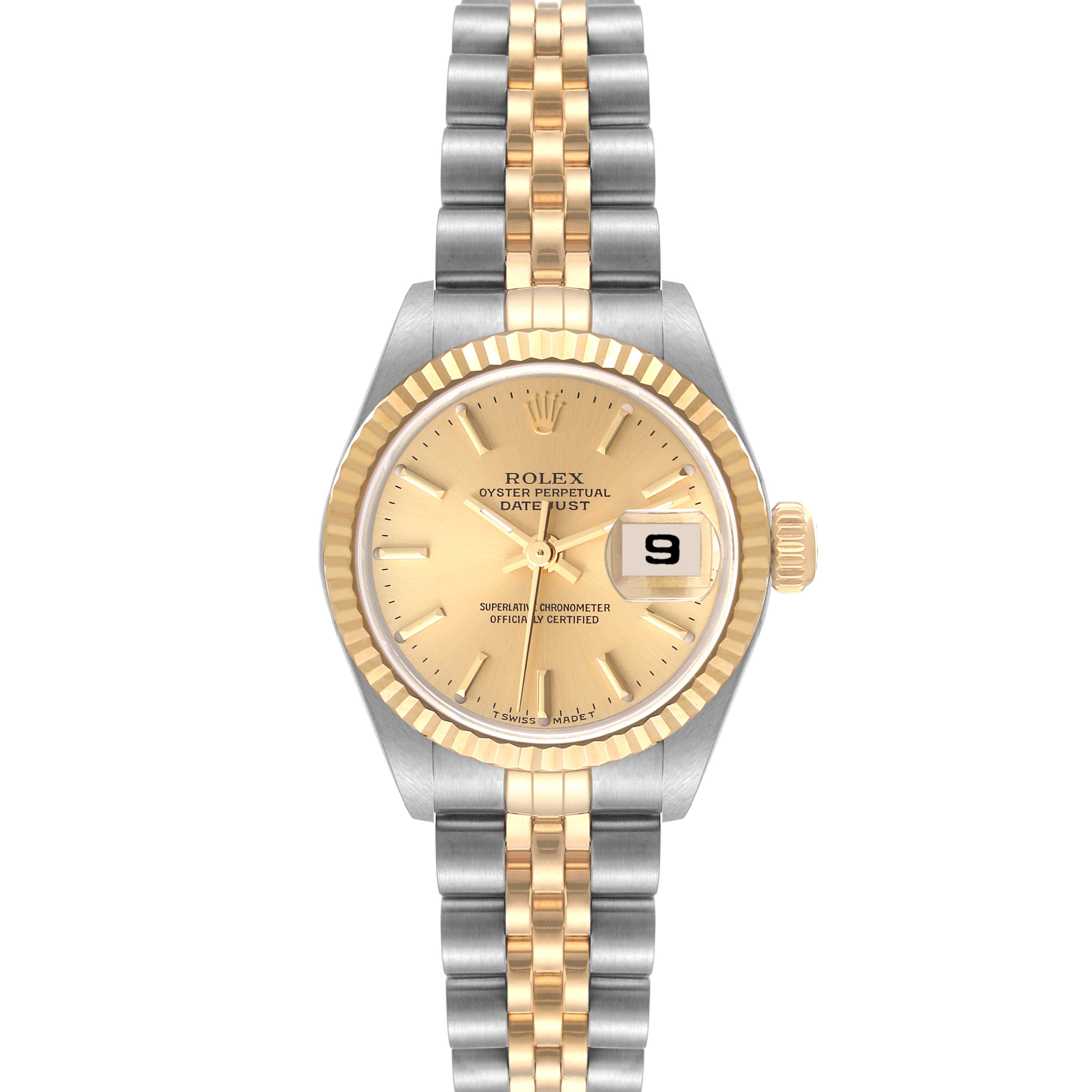 The image shows a Rolex Datejust 79173 Women's Steel and Gold (two tone) Champagne Dial 79173 Women's Steel and Gold (two tone) Champagne Dial watch from a front angle, displaying the dial, bezel, date window, and Jubilee bracelet.
