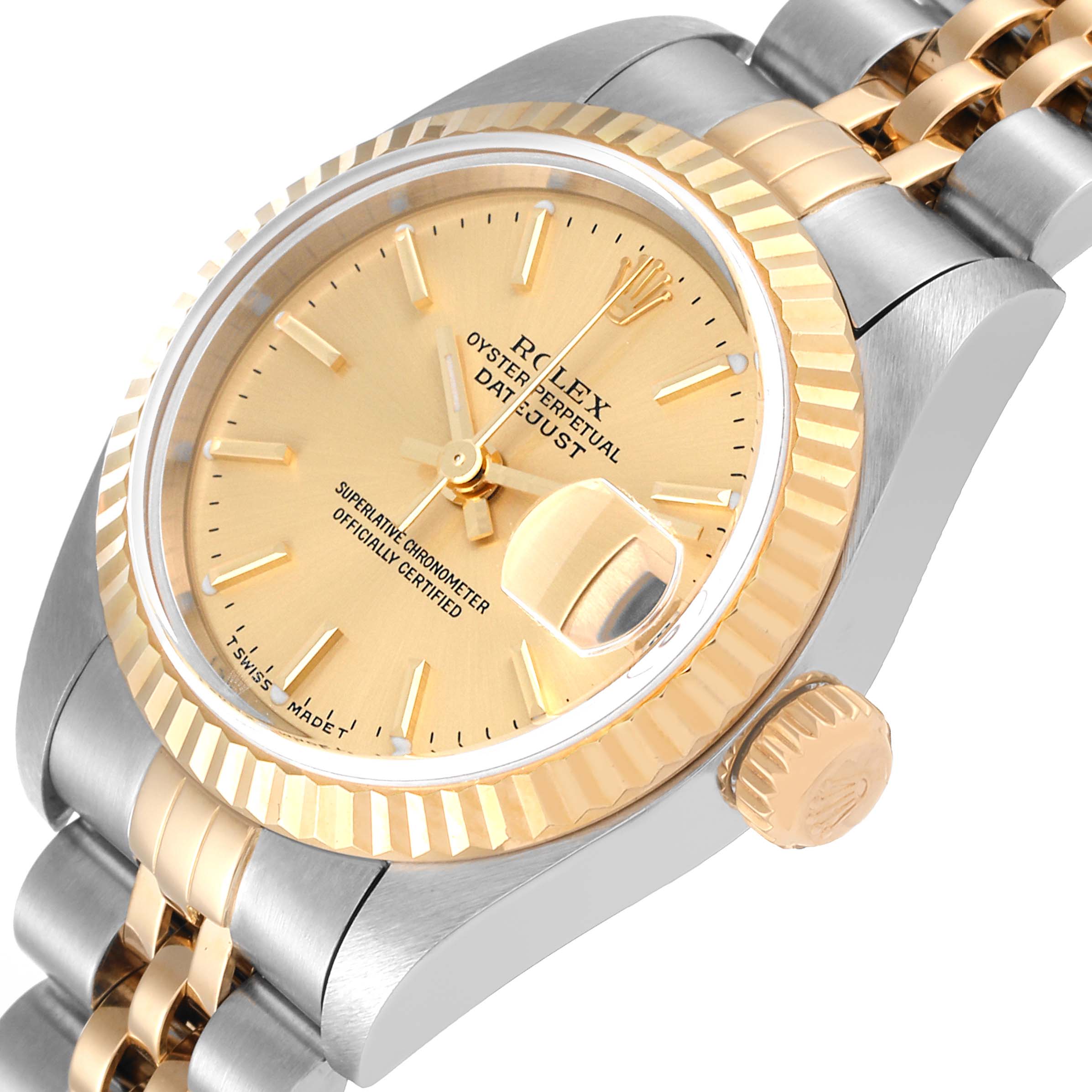 The image shows a close-up angled view of the Rolex Datejust 79173 Women's Steel and Gold (two tone) Champagne Dial 79173 Women's Steel and Gold (two tone) Champagne Dial watch, highlighting the dial, bezel, crown, and part of the bracelet.