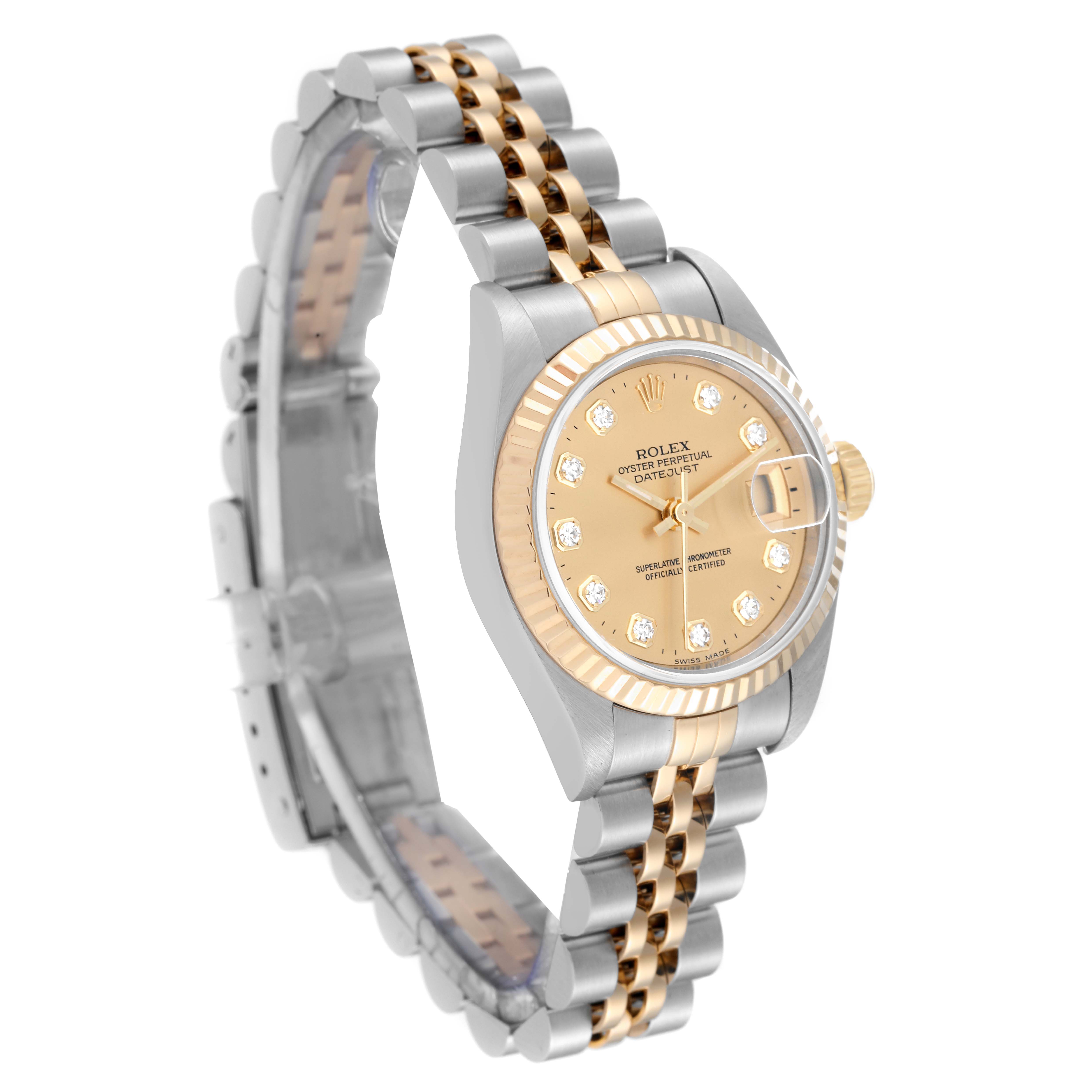 This image shows a Rolex Datejust 79173 Women's Steel and Gold (two tone) Champagne Dial 79173 Women's Steel and Gold (two tone) Champagne Dial watch from a three-quarter front angle, highlighting its dial, bezel, and jubilee bracelet.
