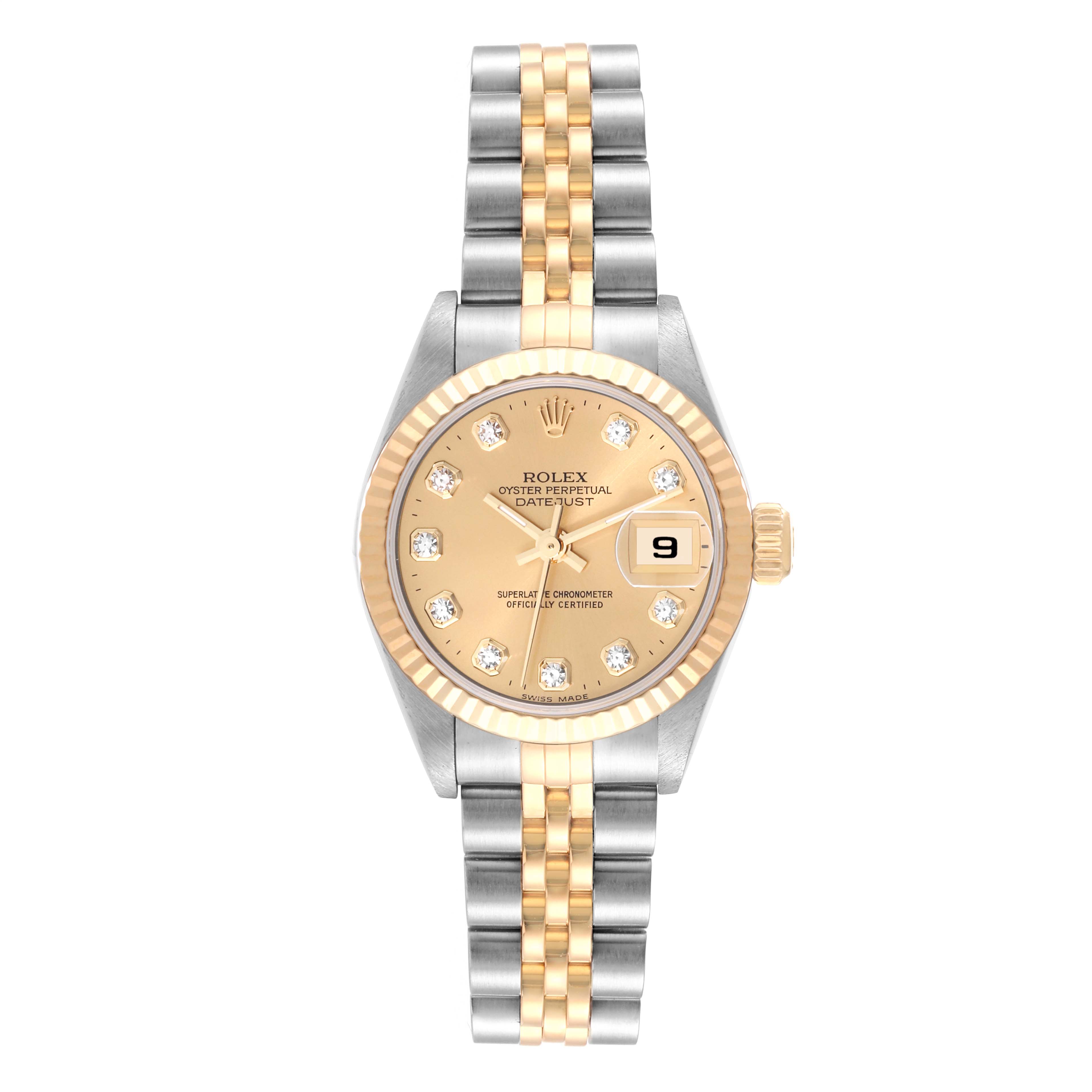 This image shows a front view of the Rolex Datejust 79173 Women's Steel and Gold (two tone) Champagne Dial 79173 Women's Steel and Gold (two tone) Champagne Dial watch, highlighting its dial, bezel, and two-tone jubilee bracelet.