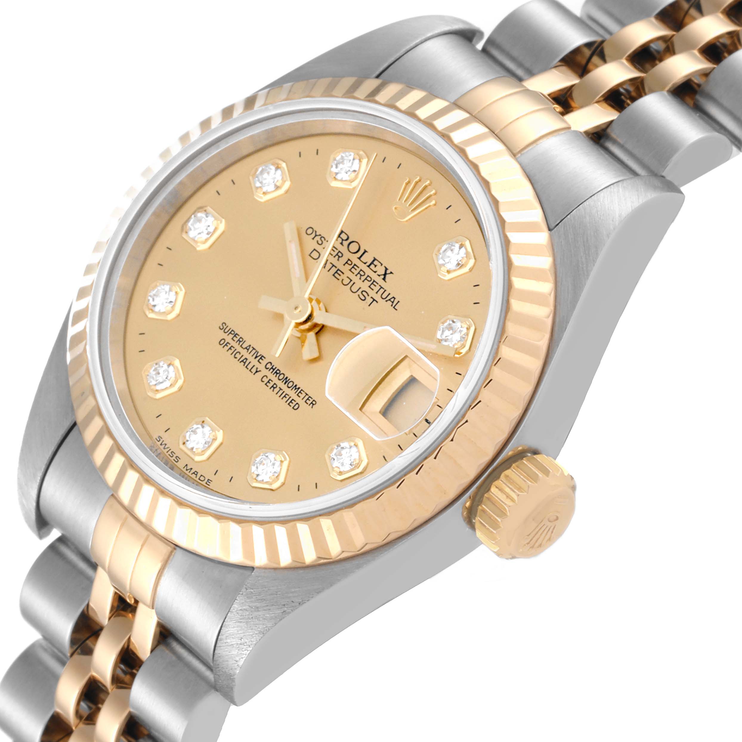The image shows a close-up angled view of a Rolex Datejust 79173 Women's Steel and Gold (two tone) Champagne Dial 79173 Women's Steel and Gold (two tone) Champagne Dial watch, highlighting its champagne dial, bezel, crown, and jubilee bracelet.