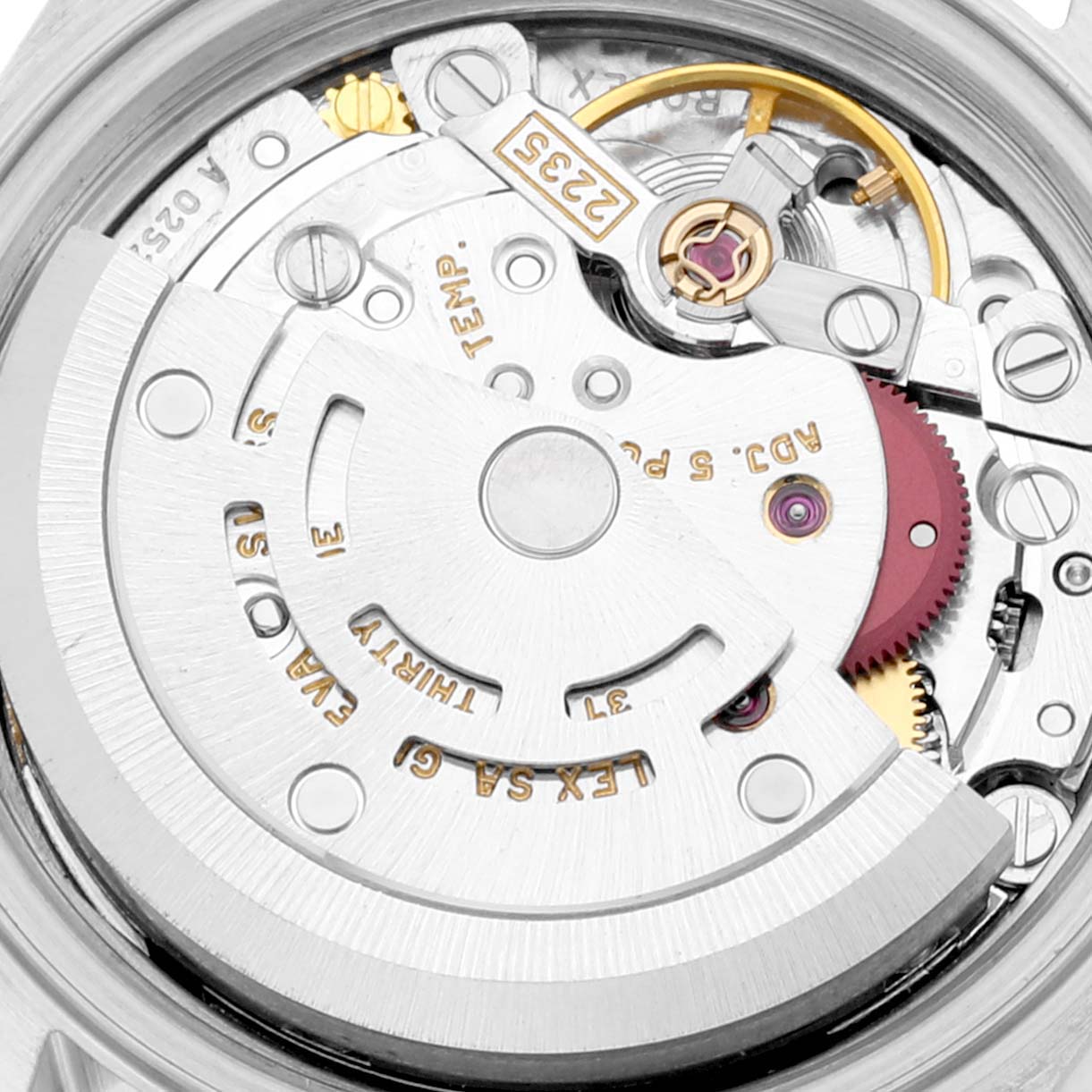 This image shows the movement mechanism from the back of a Rolex Datejust 79173 Women's Steel and Gold (two tone) Champagne Dial 79173 Women's Steel and Gold (two tone) Champagne Dial watch.