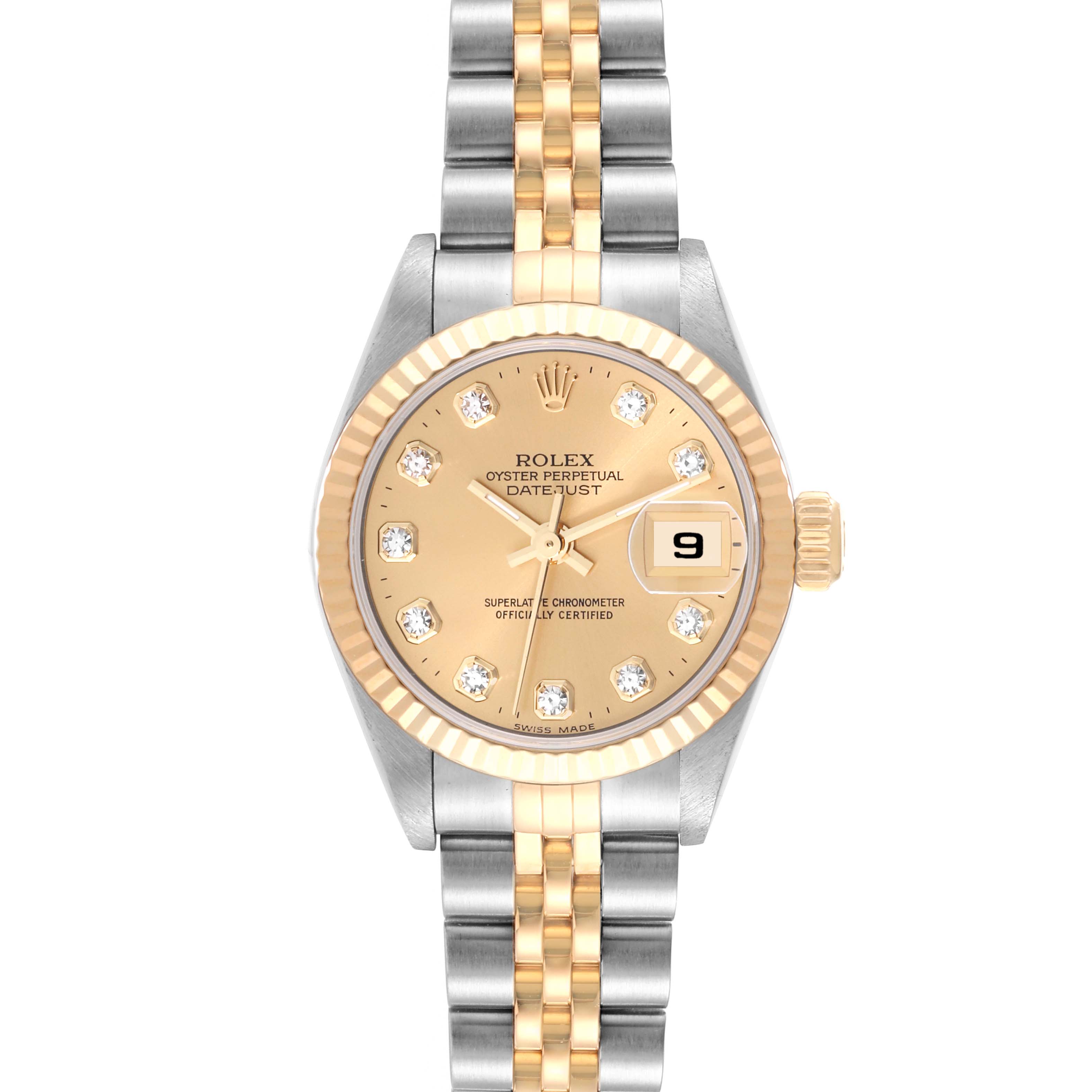 This image shows a front view of the Rolex Datejust 79173 Women's Steel and Gold (two tone) Champagne Dial 79173 Women's Steel and Gold (two tone) Champagne Dial watch featuring a two-tone bracelet and a gold-colored dial with diamond hour markers.
