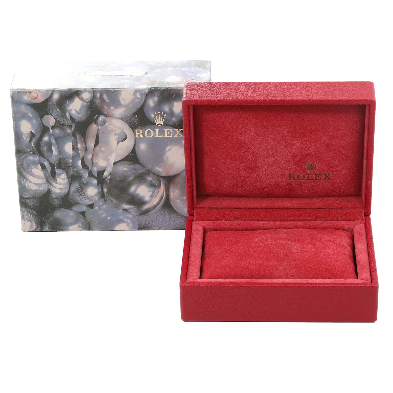 The image shows a red Rolex watch box and an outer box with the Rolex logo, intended for a Datejust model.