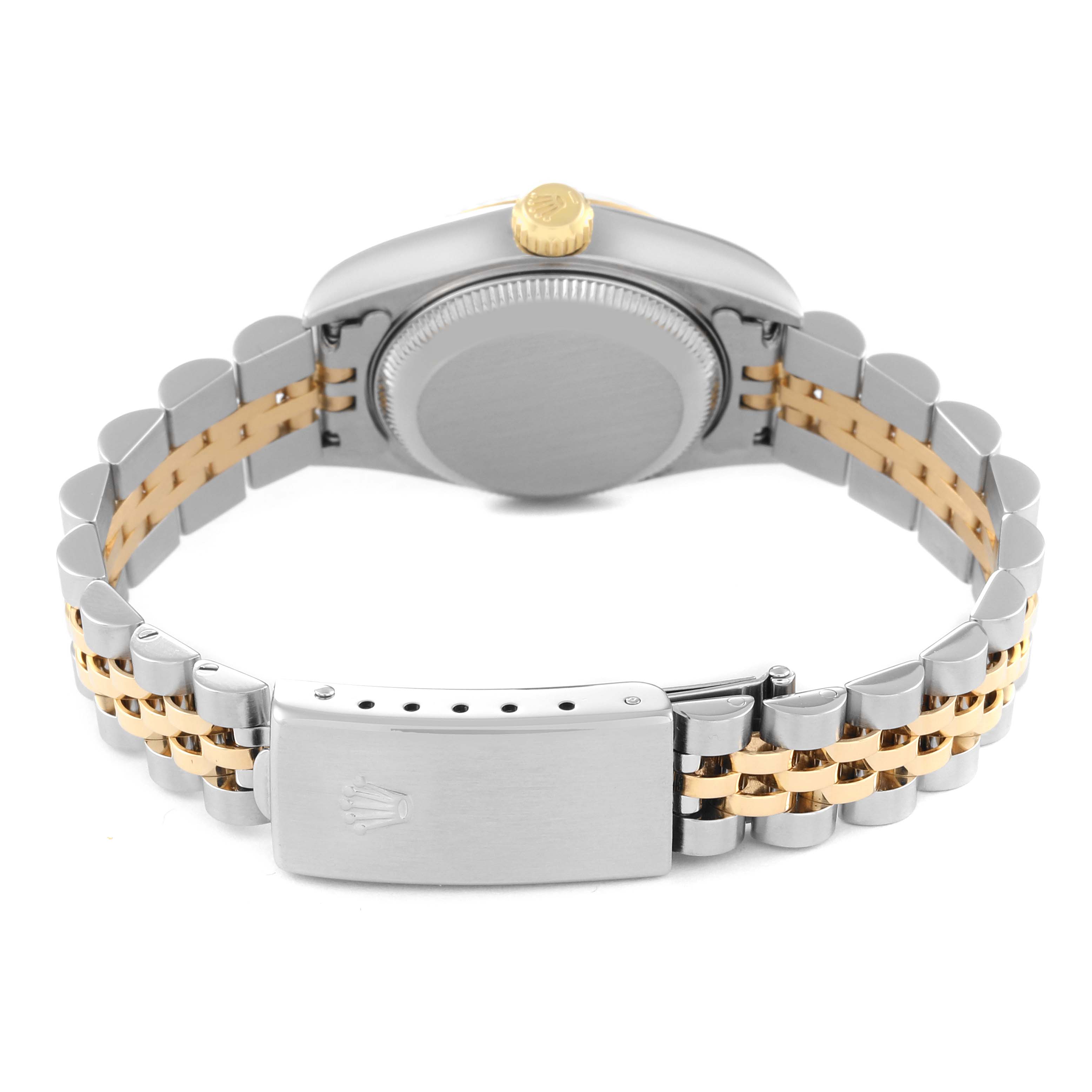 This image shows the back, side of the case, and clasp of a Rolex Datejust 79173 Women's Steel and Gold (two tone) Champagne Dial 79173 Women's Steel and Gold (two tone) Champagne Dial watch.