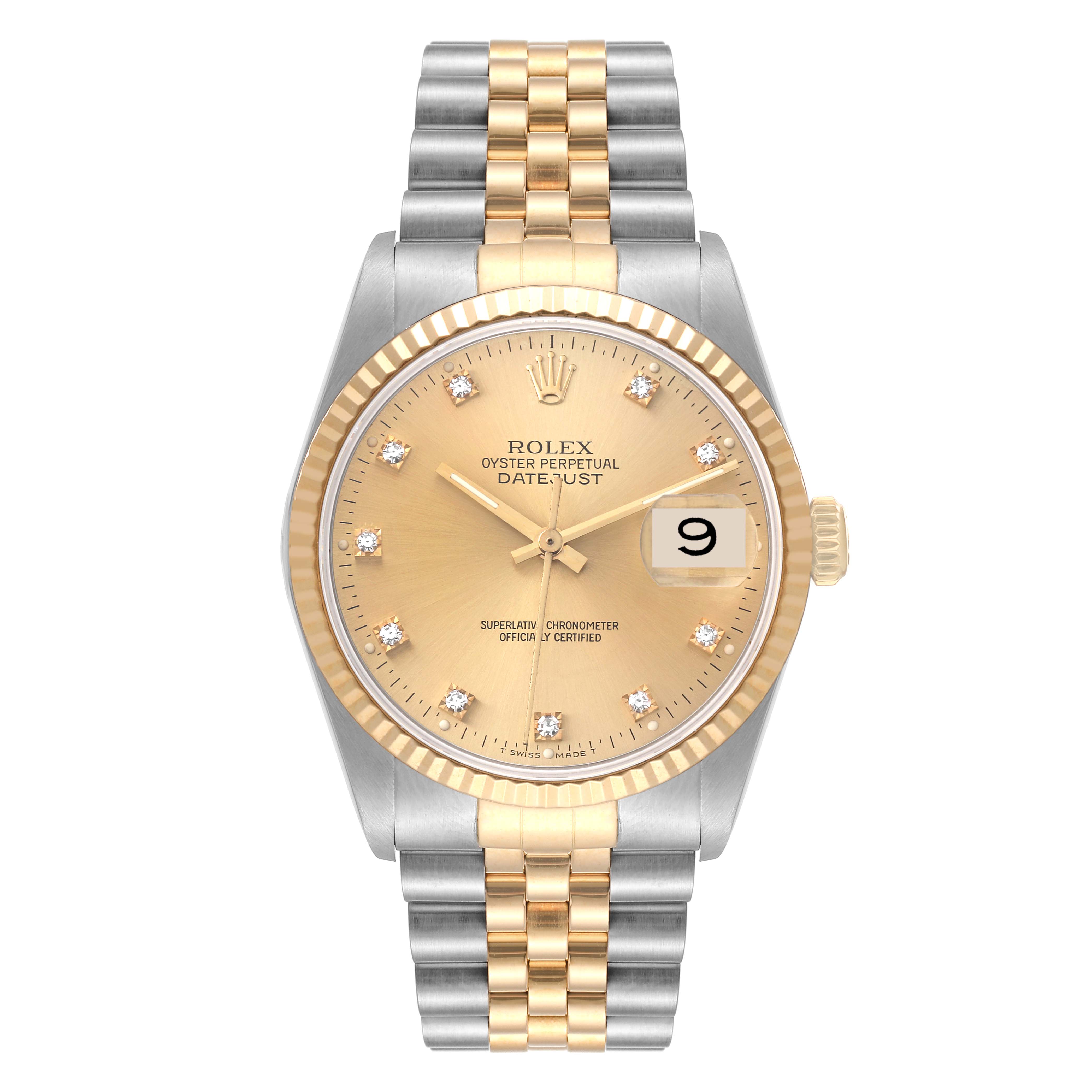 The image shows a frontal view of a Rolex Datejust 16233 Men's Steel and Gold (two tone) Champagne Dial 16233 Men's Steel and Gold (two tone) Champagne Dial watch, highlighting its gold and silver bracelet, champagne dial, and date window.
