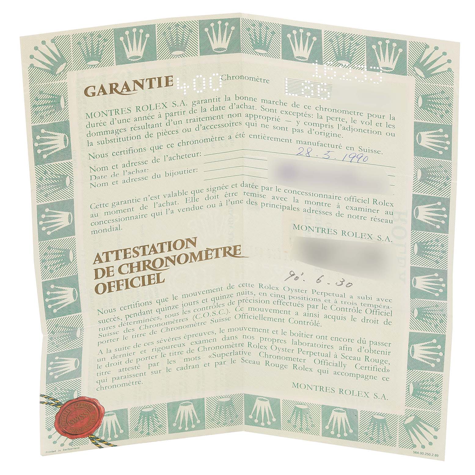 This image shows a warranty card and official chronometer certification for a Rolex Datejust 16233 Men's Steel and Gold (two tone) Champagne Dial 16233 Men's Steel and Gold (two tone) Champagne Dial watch.