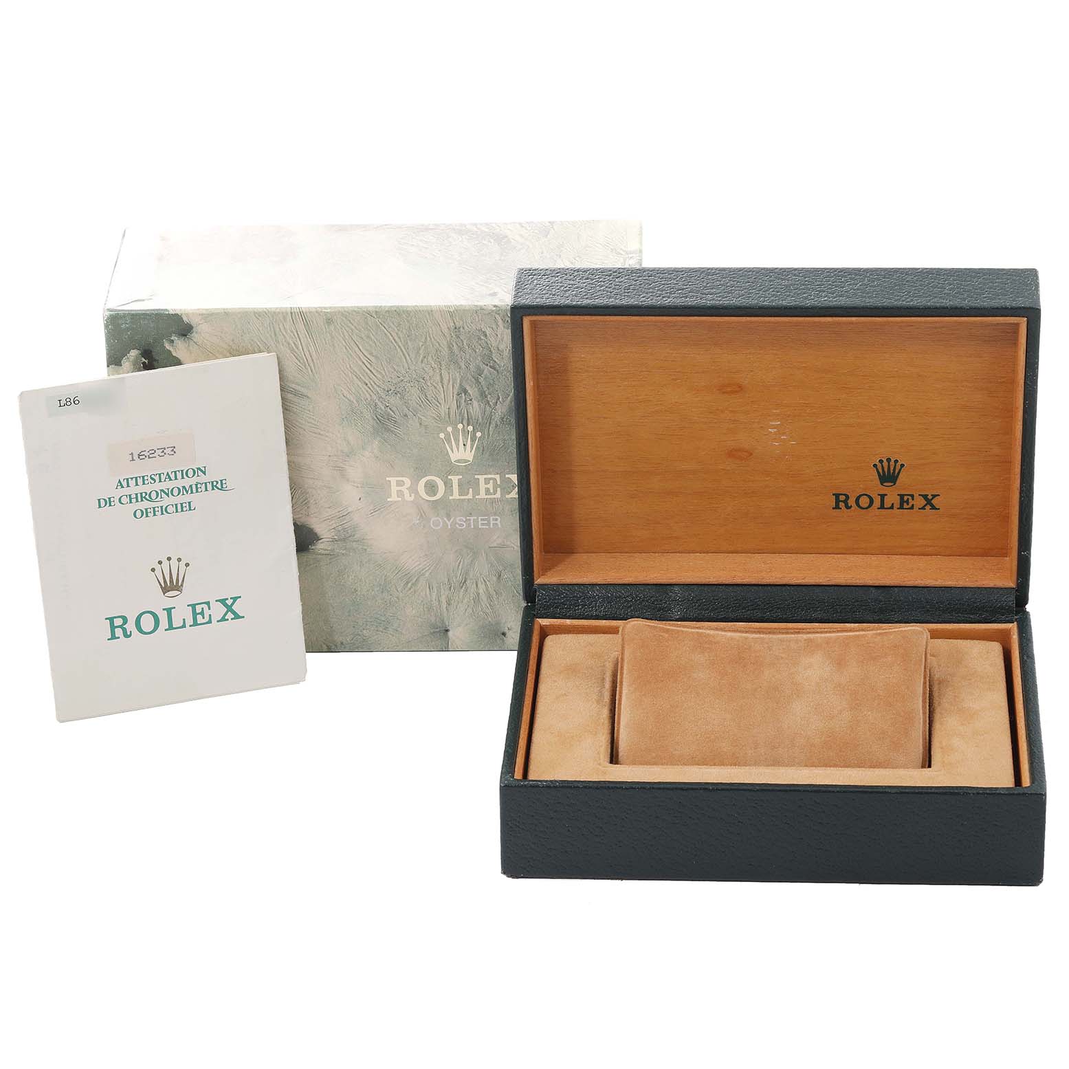The image shows the packaging, a certificate, and an empty presentation box for a Rolex Datejust 16233 Men's Steel and Gold (two tone) Champagne Dial 16233 Men's Steel and Gold (two tone) Champagne Dial watch.