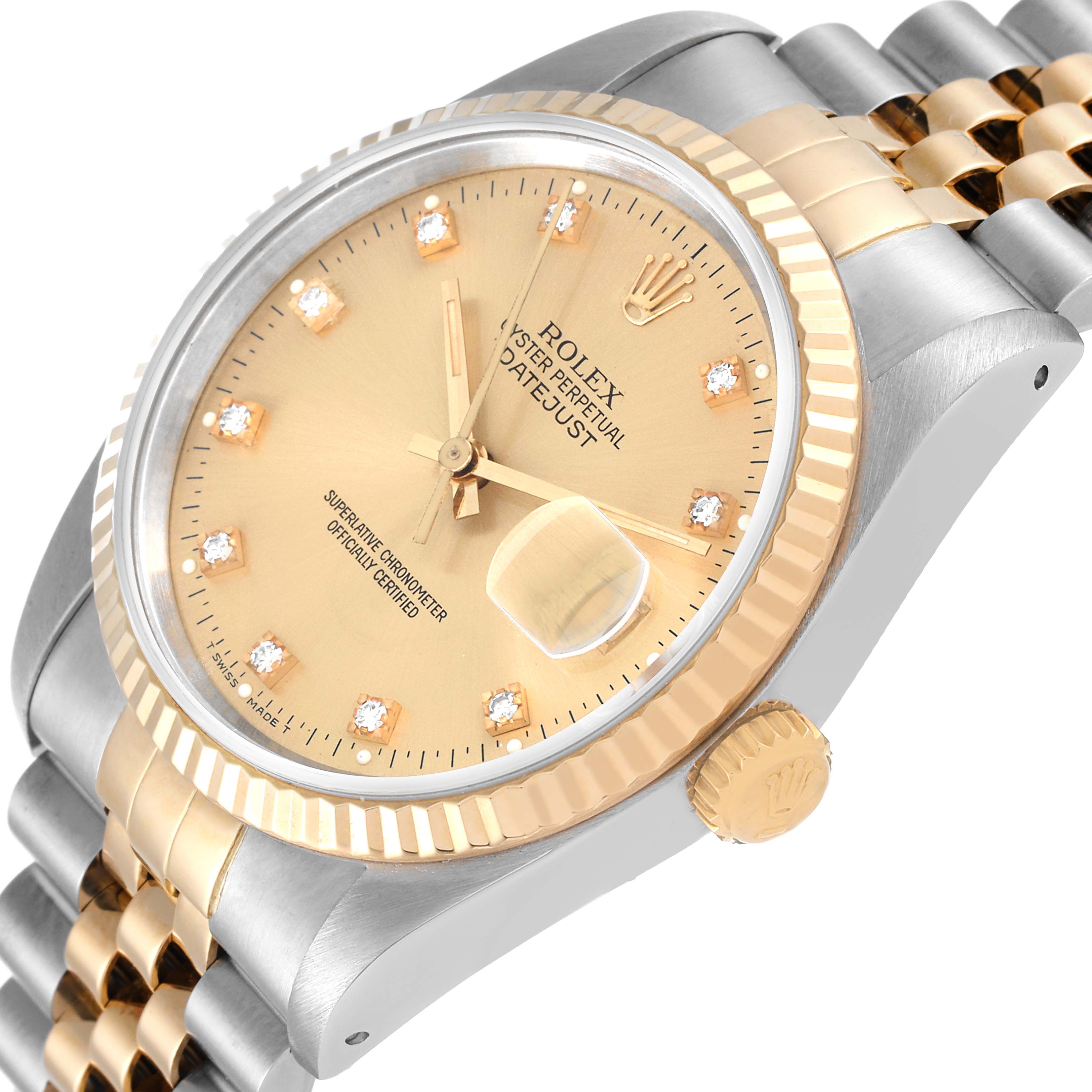 The image shows a close-up angled view of a Rolex Datejust 16233 Men's Steel and Gold (two tone) Champagne Dial 16233 Men's Steel and Gold (two tone) Champagne Dial model, highlighting the dial, bezel, crown, and part of the bracelet.