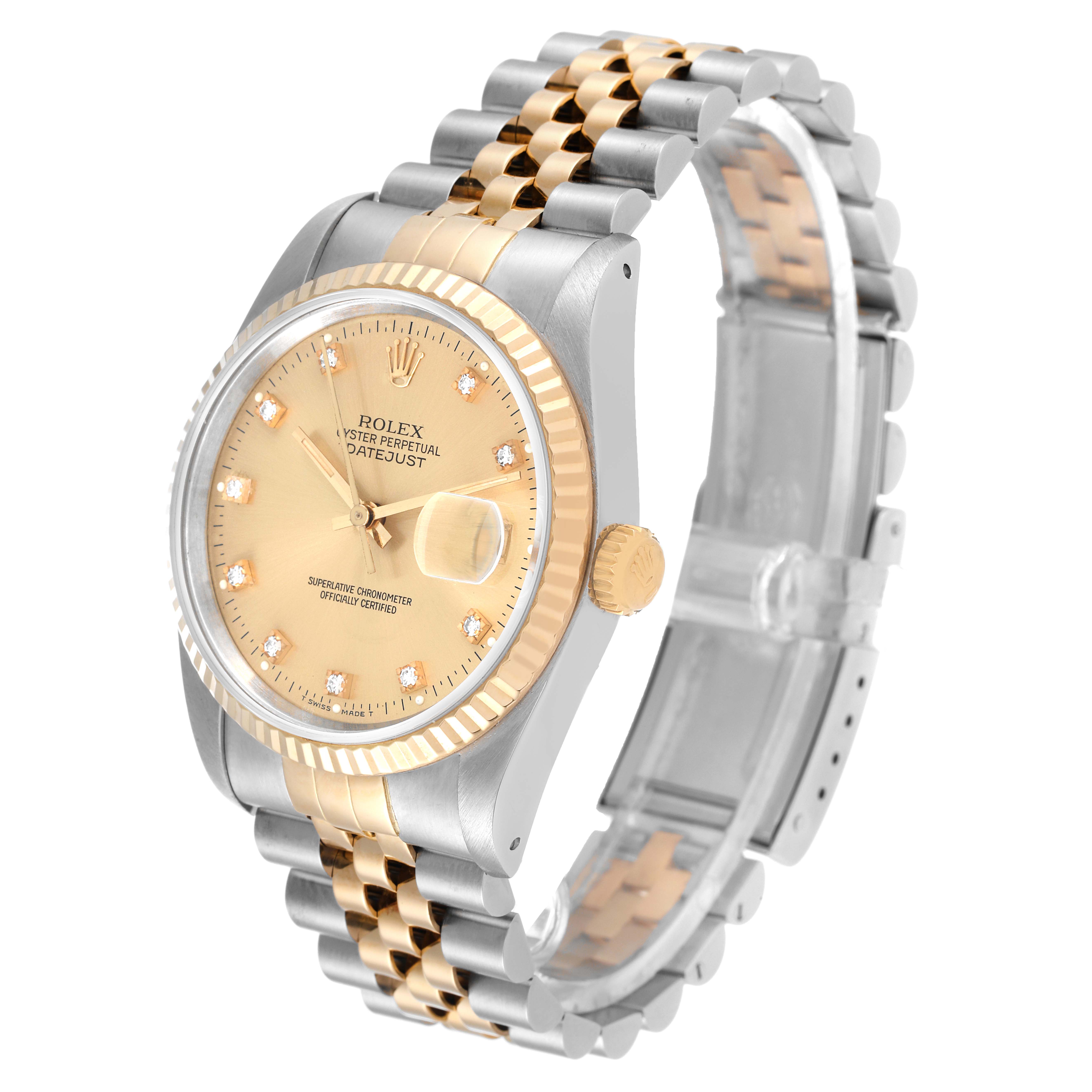 This image shows a Rolex Datejust 16233 Men's Steel and Gold (two tone) Champagne Dial 16233 Men's Steel and Gold (two tone) Champagne Dial watch from a front-side angle, highlighting its two-tone bracelet, dial, bezel, and crown.