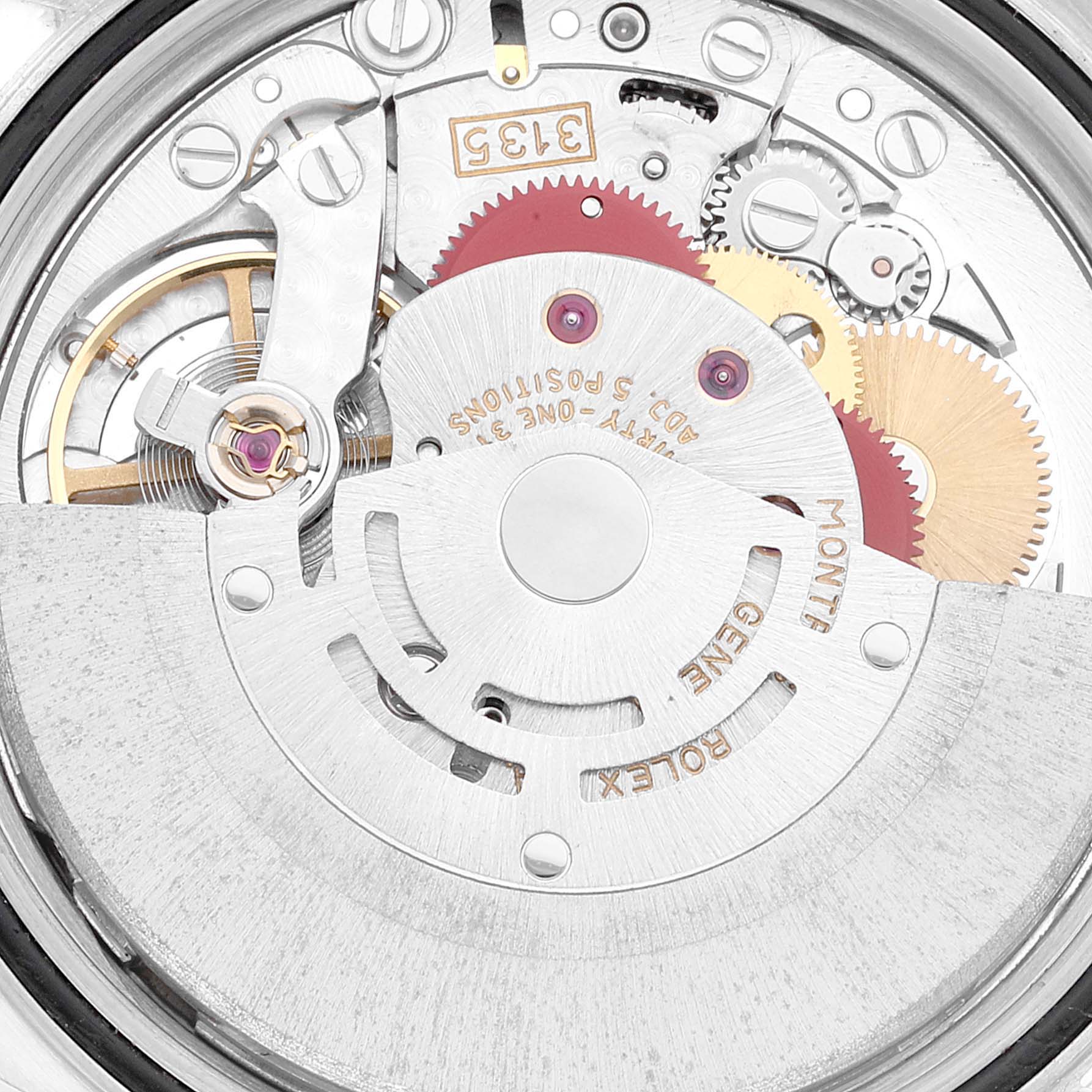 The image shows the Rolex Datejust 16233 Men's Steel and Gold (two tone) Champagne Dial 16233 Men's Steel and Gold (two tone) Champagne Dial movement, focusing on its intricate gears and components.