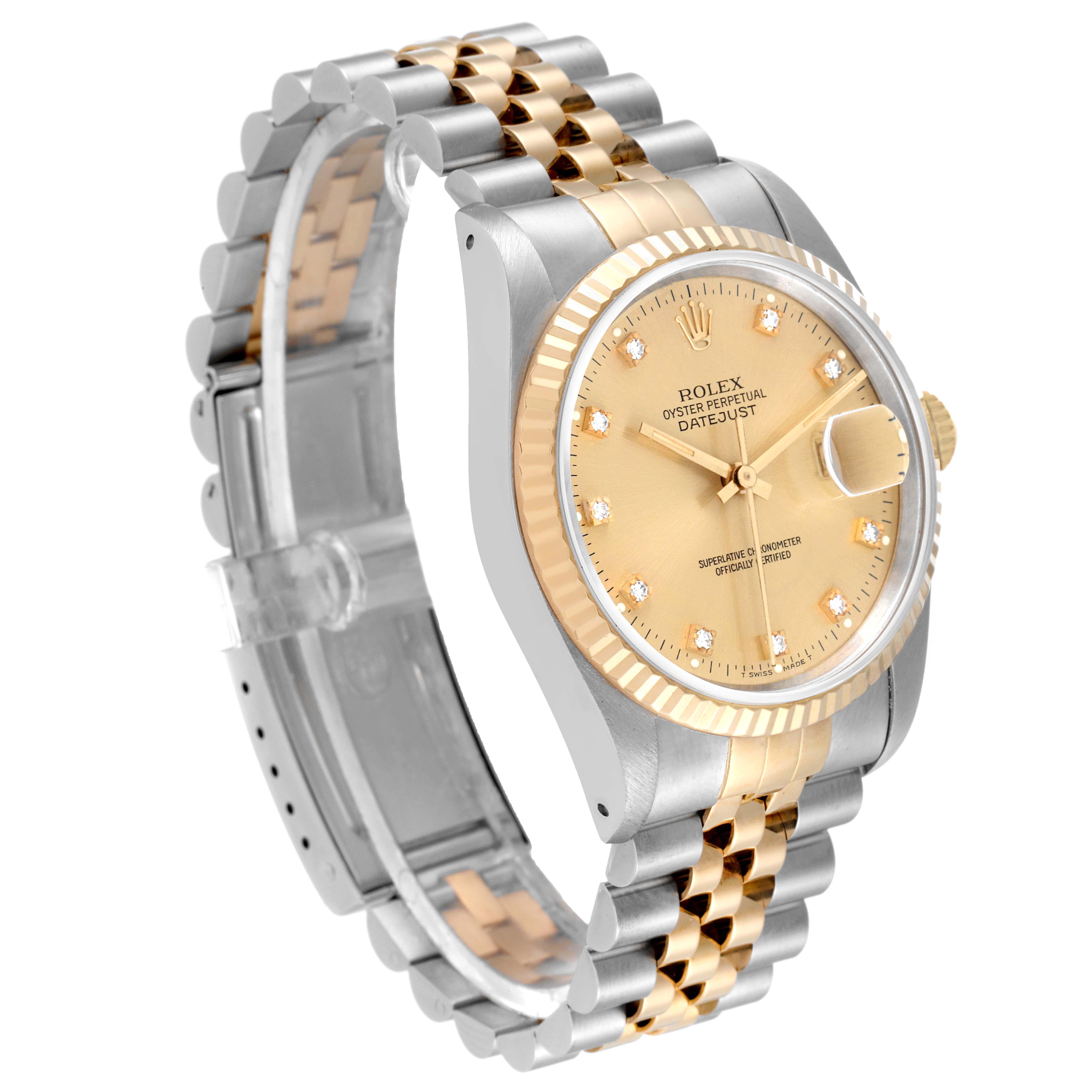 This image shows a side angle of a Rolex Datejust 16233 Men's Steel and Gold (two tone) Champagne Dial 16233 Men's Steel and Gold (two tone) Champagne Dial watch, highlighting its dial, bezel, and two-tone bracelet.