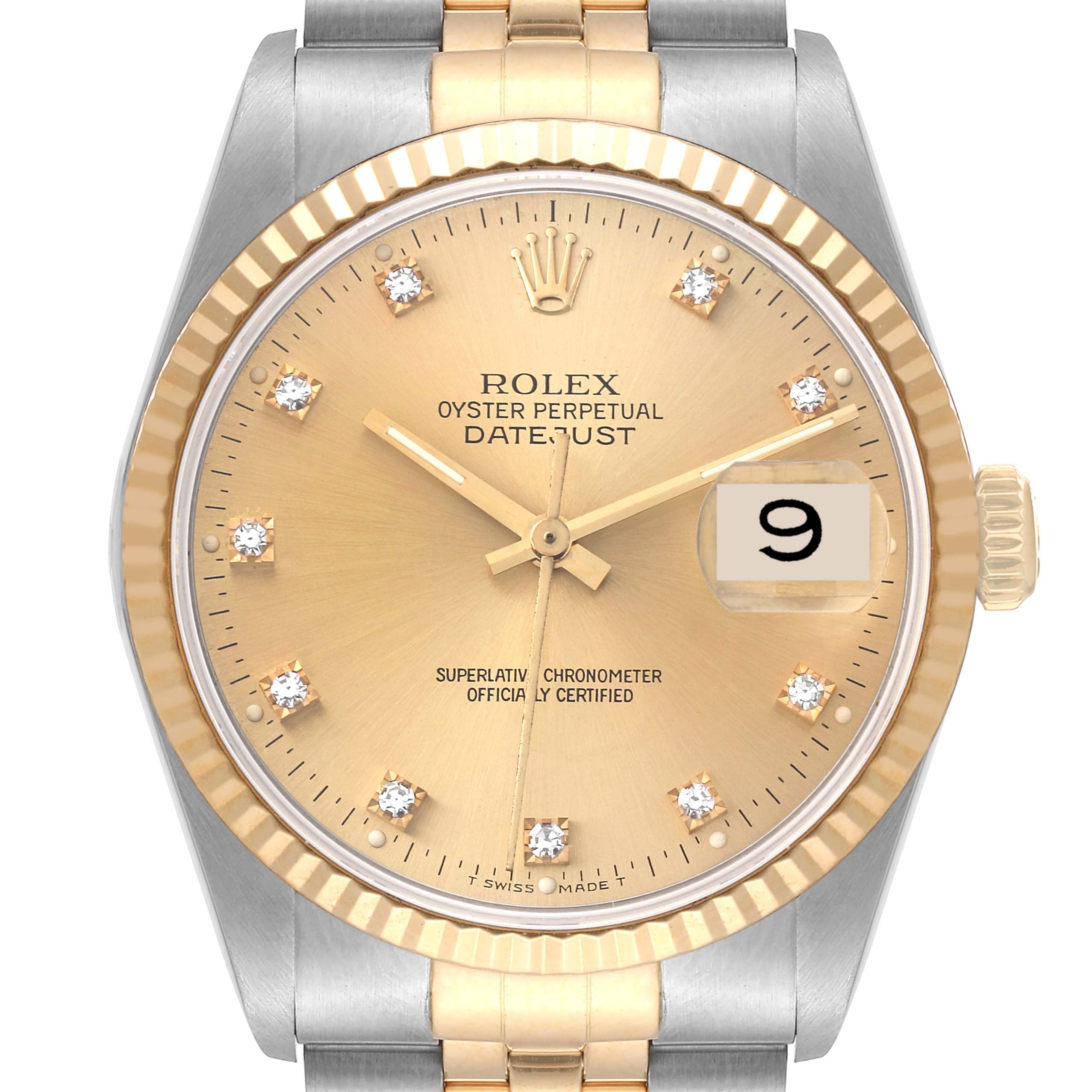 This image shows the front view of a Rolex Datejust 16233 Men's Steel and Gold (two tone) Champagne Dial 16233 Men's Steel and Gold (two tone) Champagne Dial watch, highlighting the dial, hands, date window, and part of the bracelet.