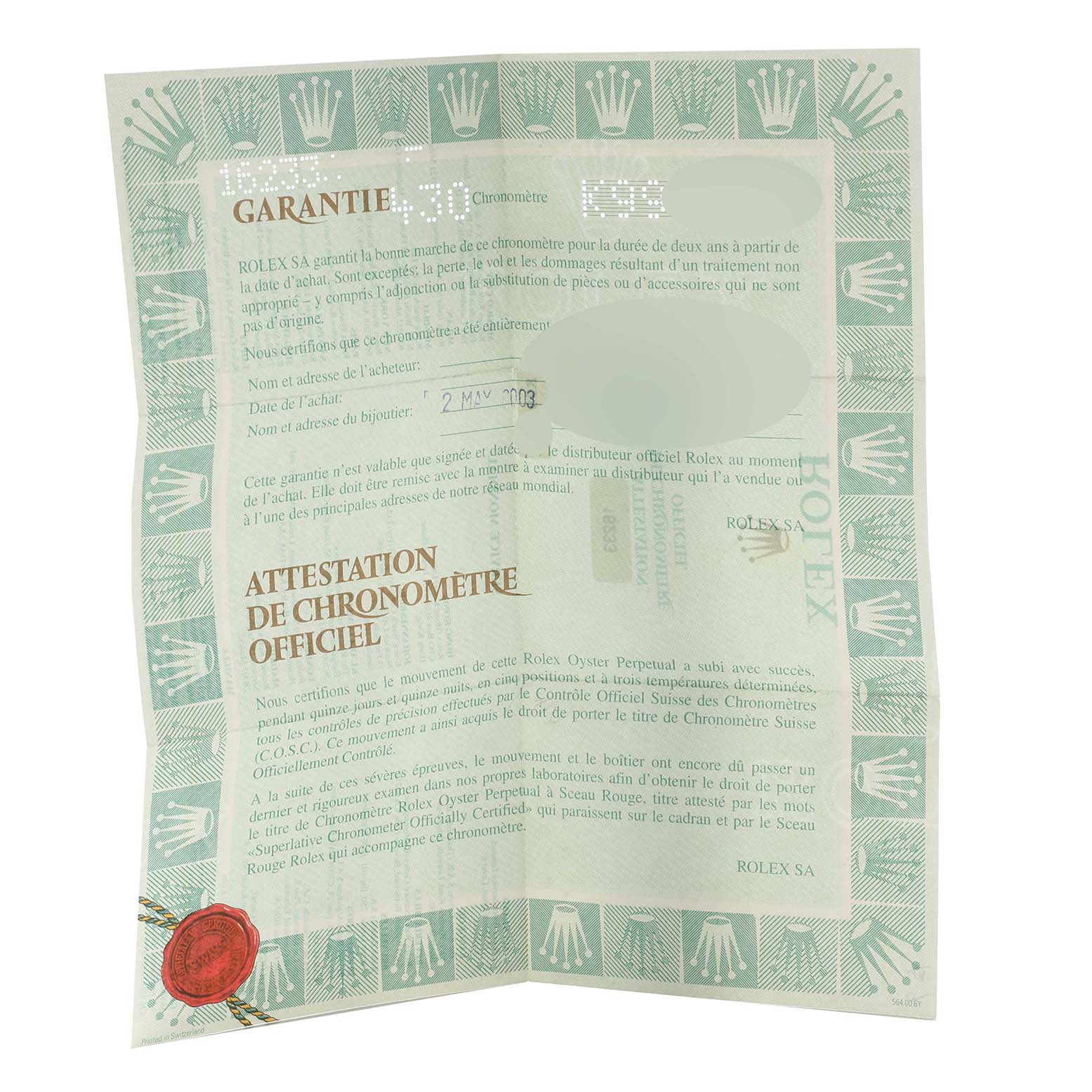 This is the official chronometer certification document for a Rolex Datejust 16233 Men's Steel and Gold (two tone) Mother of Pearl Dial 16233 Men's Steel and Gold (two tone) Mother of Pearl Dial model, showing guarantee details.