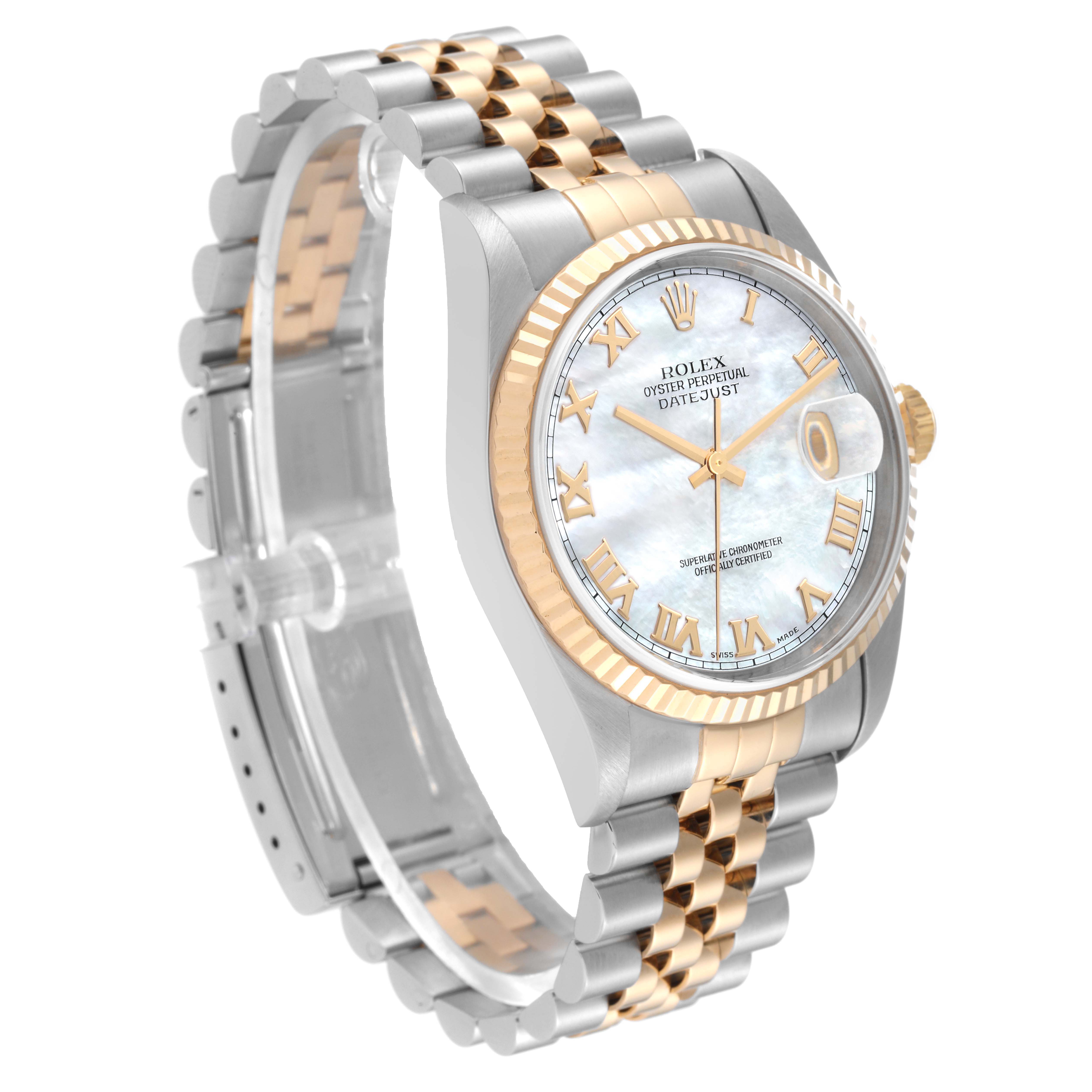The image shows a Rolex Datejust 16233 Men's Steel and Gold (two tone) Mother of Pearl Dial 16233 Men's Steel and Gold (two tone) Mother of Pearl Dial watch at an angled side view, highlighting its two-tone bracelet, fluted bezel, and mother-of-pearl dial.