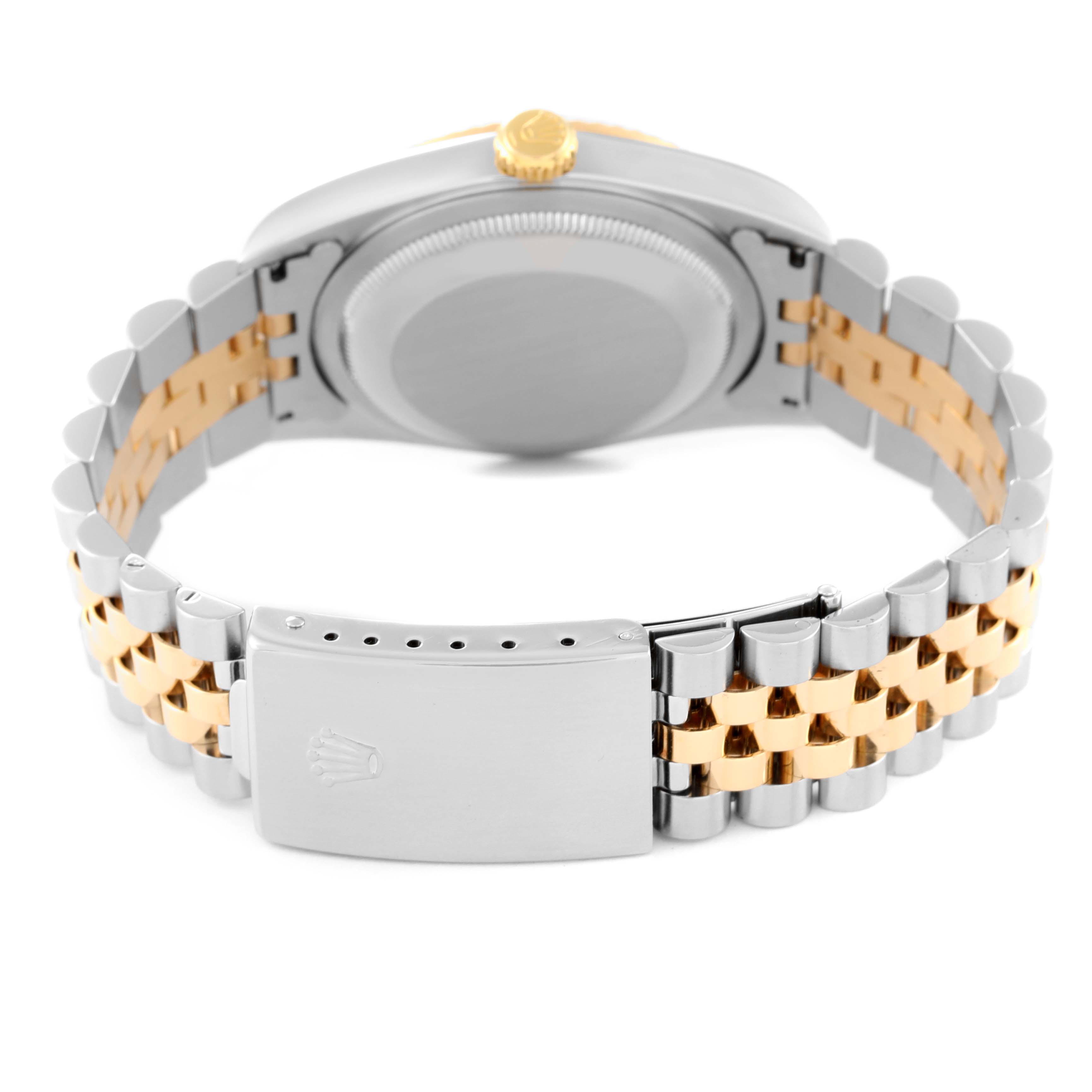 The image shows the back view of a Rolex Datejust 16233 Men's Steel and Gold (two tone) Mother of Pearl Dial 16233 Men's Steel and Gold (two tone) Mother of Pearl Dial watch, highlighting the case back, two-tone bracelet, and clasp.