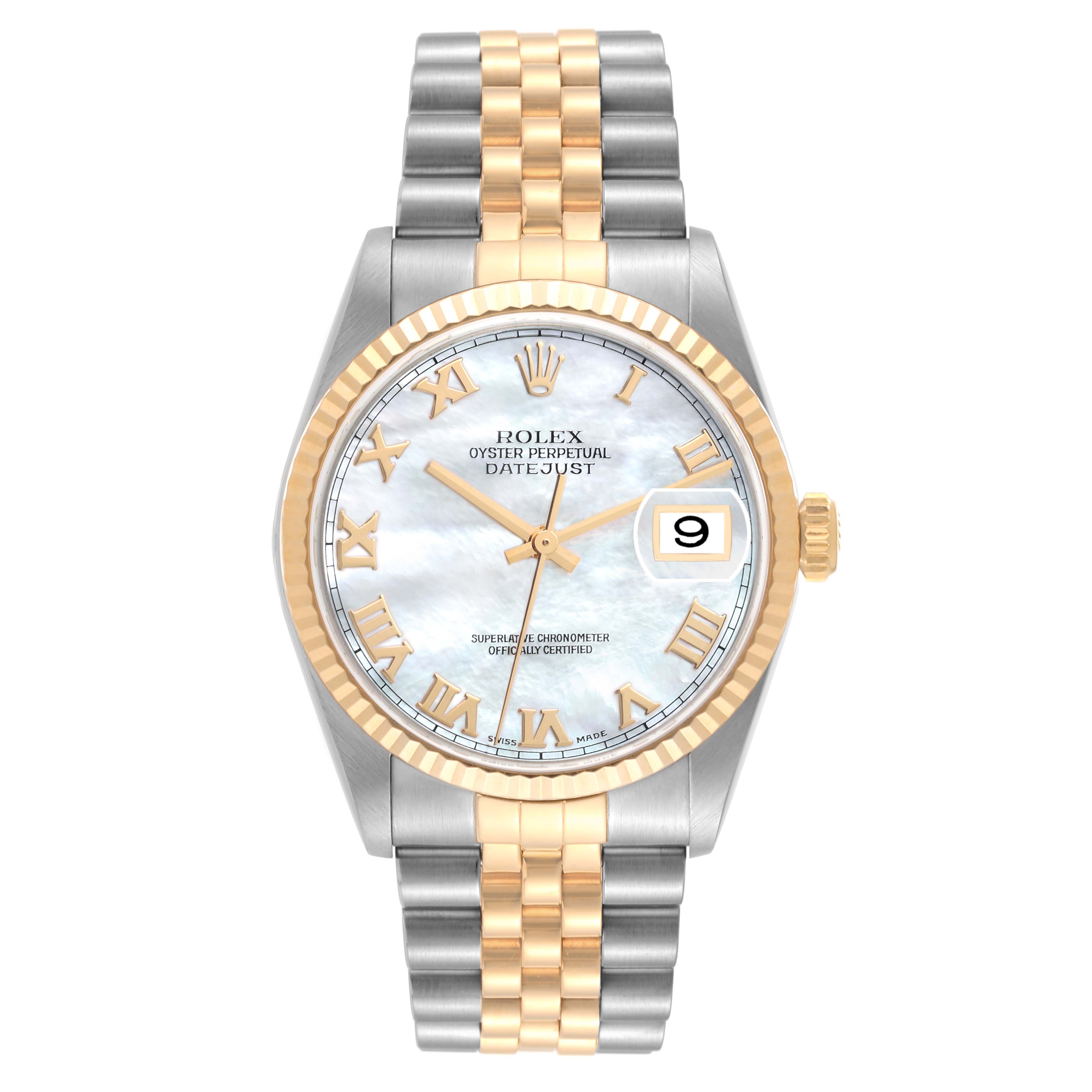 The image shows a front view of the Rolex Datejust 16233 Men's Steel and Gold (two tone) Mother of Pearl Dial 16233 Men's Steel and Gold (two tone) Mother of Pearl Dial, displaying the face, bezel, and part of the bracelet.